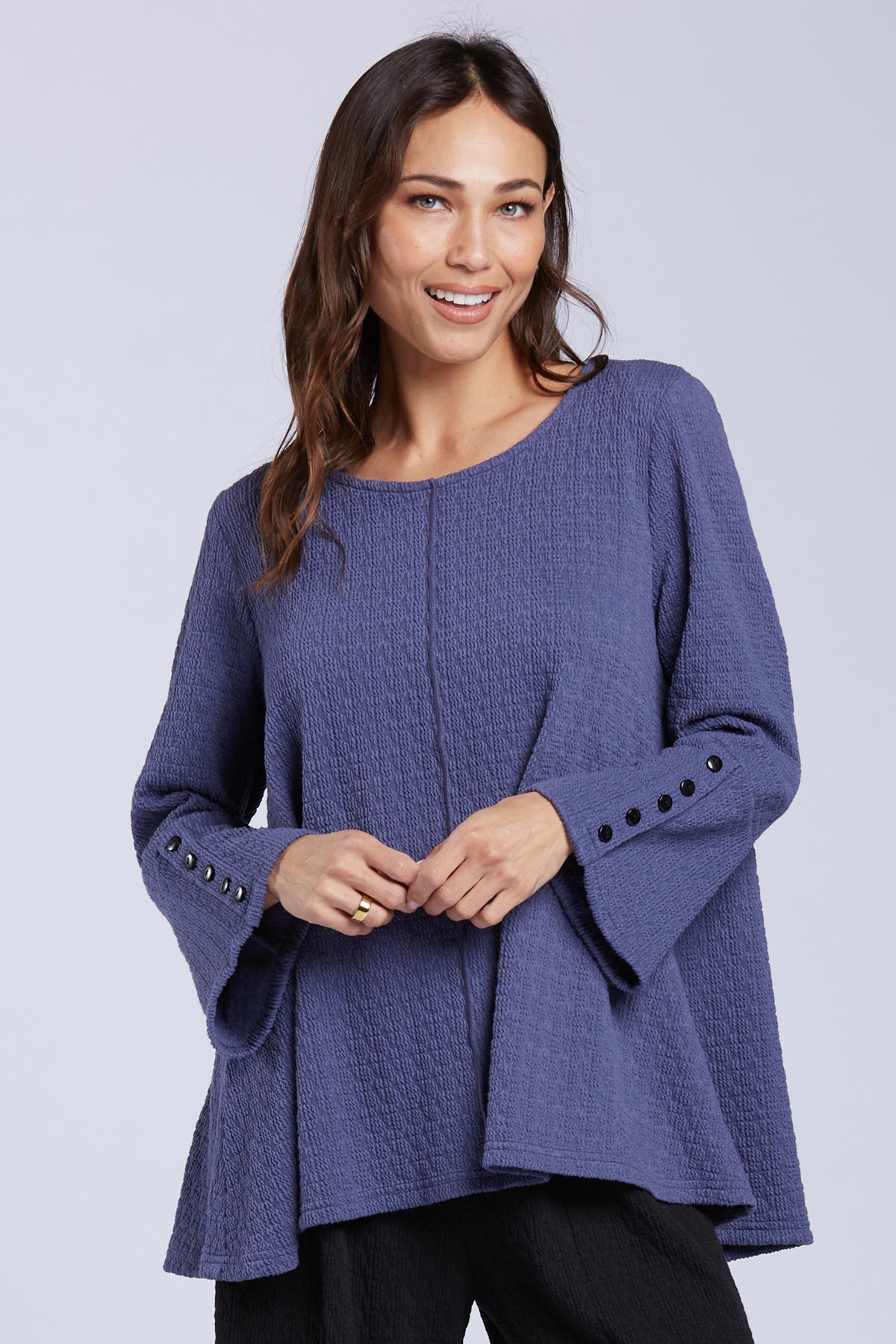 Sydney Project Flair Relaxed Round Neck Long Sleeve Top w/ Buttons - TRT1181 - DENIM