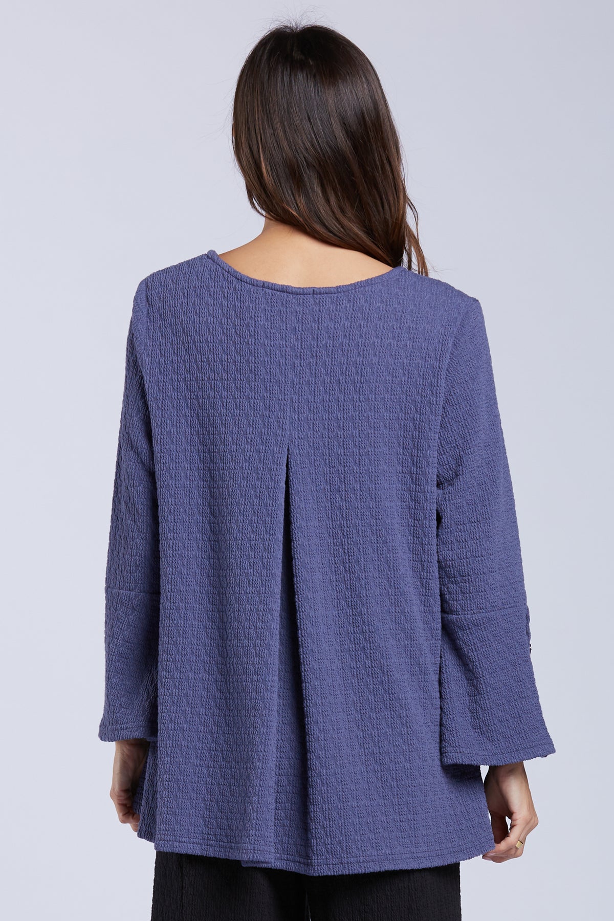 Sydney Project Flair Relaxed Round Neck Long Sleeve Top w/ Buttons - TRT1181 - DENIM