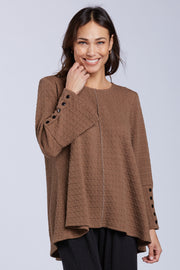 Sydney Project Flair Relaxed Round Neck Long Sleeve Top w/ Buttons - TRT1181 - MOCHA