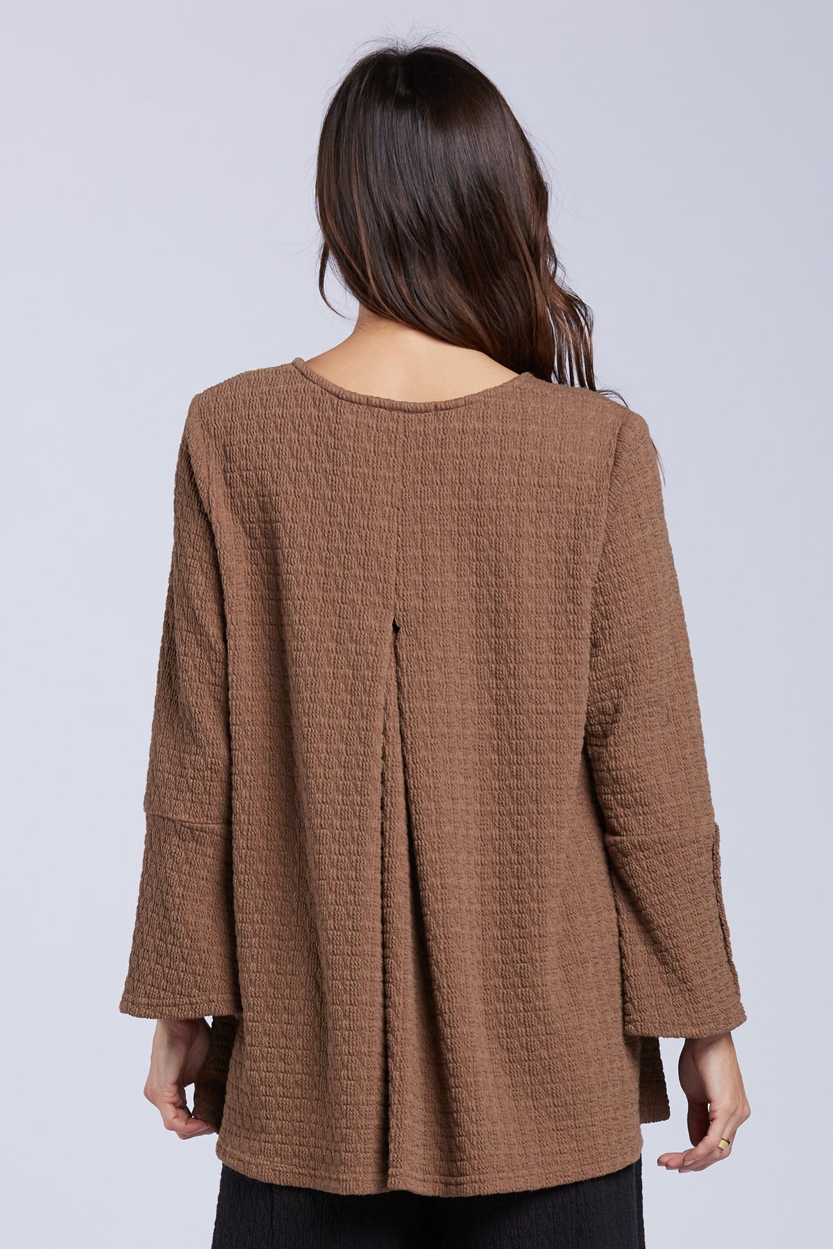 Sydney Project Flair Relaxed Round Neck Long Sleeve Top w/ Buttons - TRT1181 - MOCHA