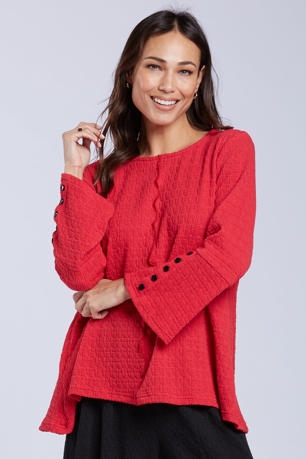 Sydney Project Flair Relaxed Round Neck Long Sleeve Top w/ Buttons - TRT1181 - RED