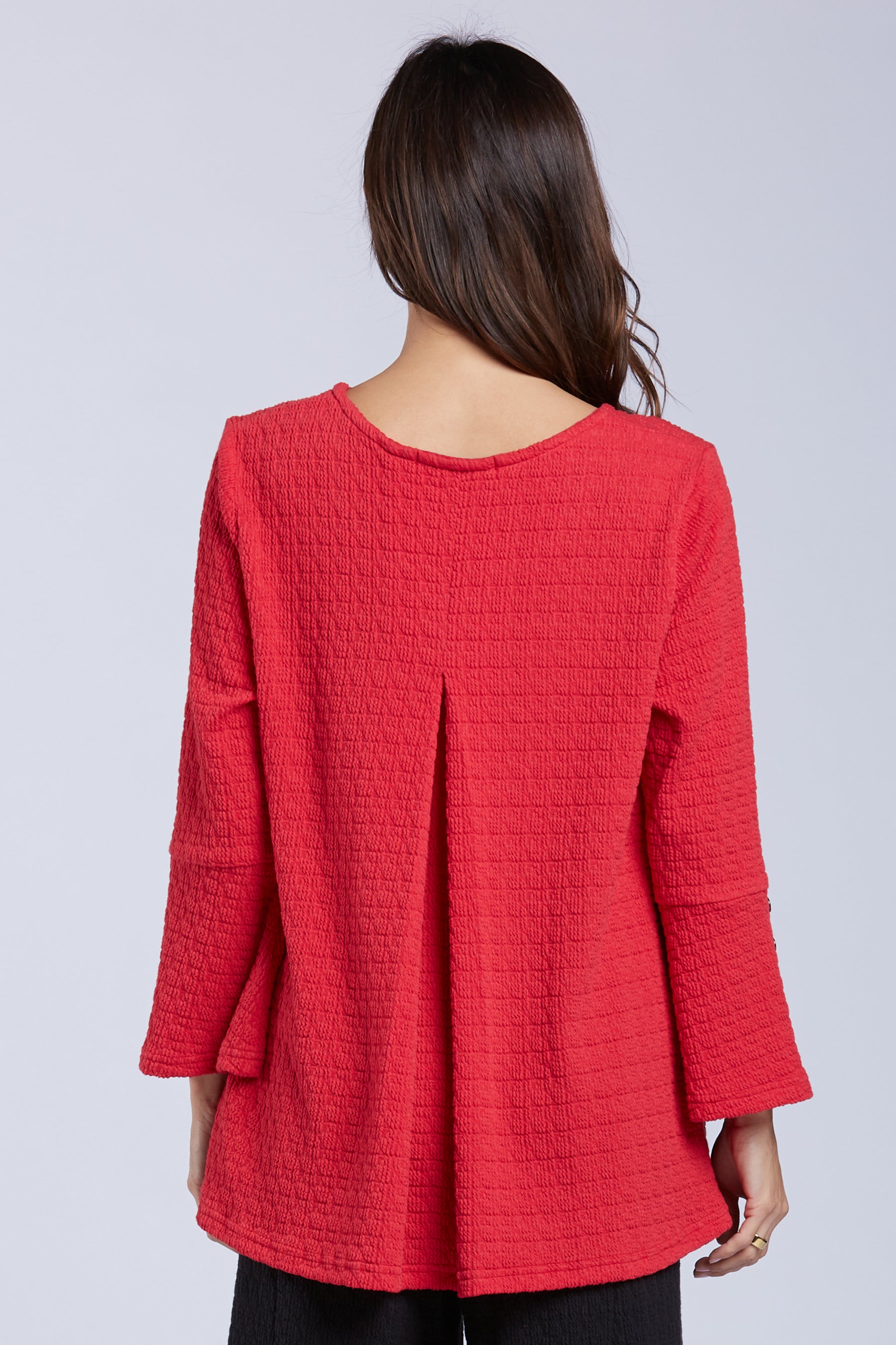 Sydney Project Flair Relaxed Round Neck Long Sleeve Top w/ Buttons - TRT1181 - RED