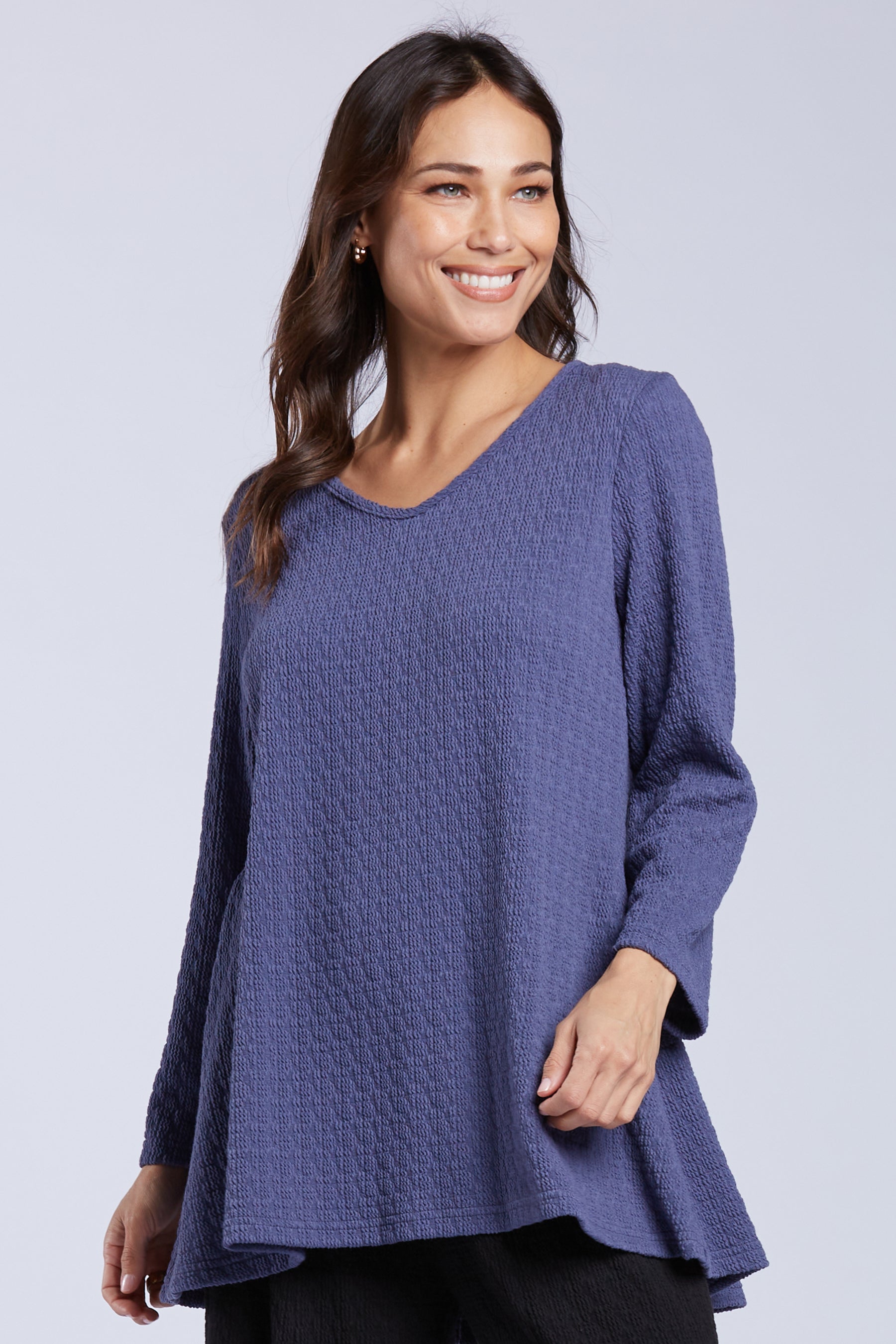 Sydney Project Faith V-Neck Long Sleeve Top w/ Pleated Back - TRT1184 - DENIM