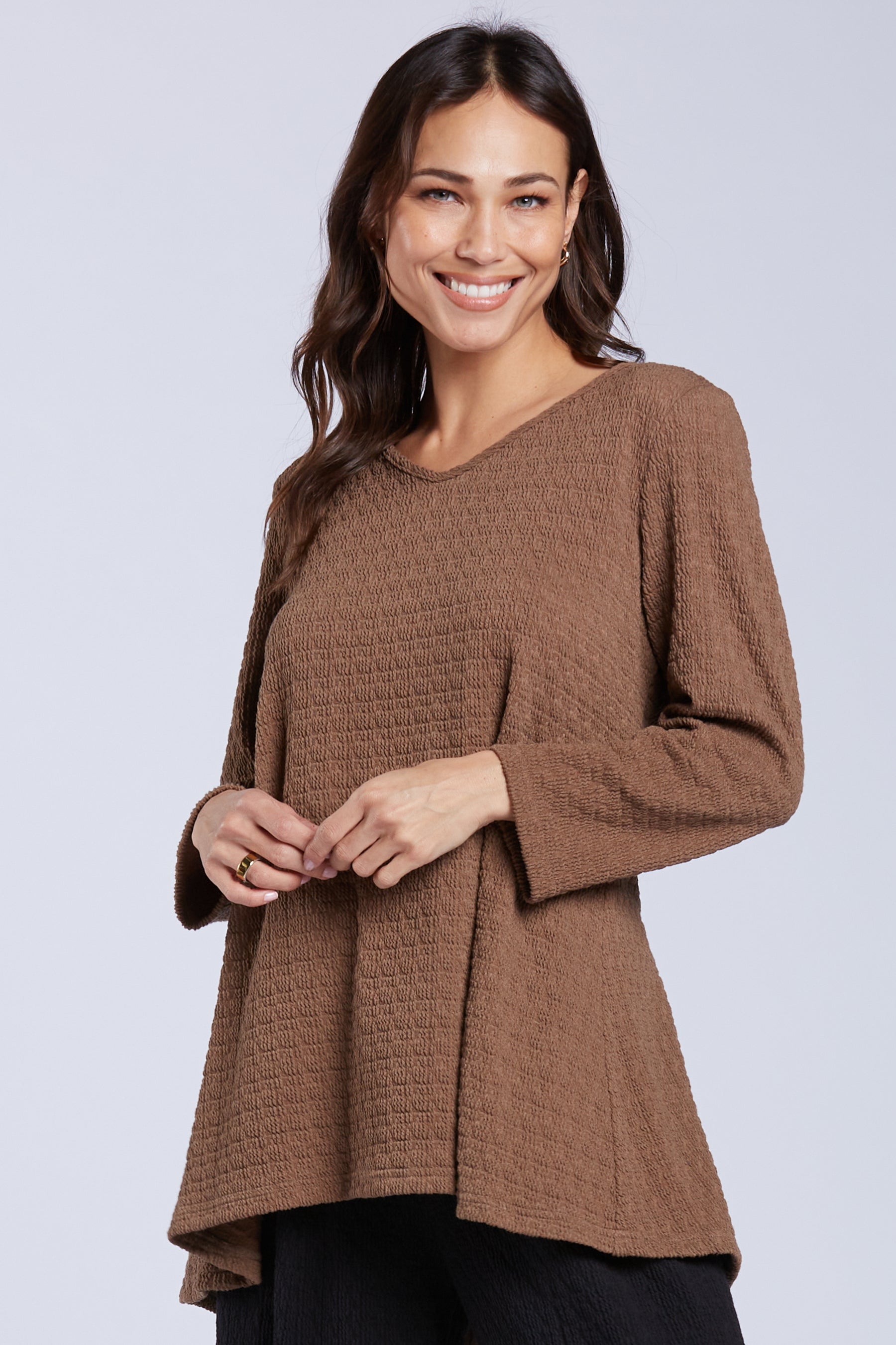 Sydney Project Faith V-Neck Long Sleeve Top w/ Pleated Back - TRT1184 - MOCHA