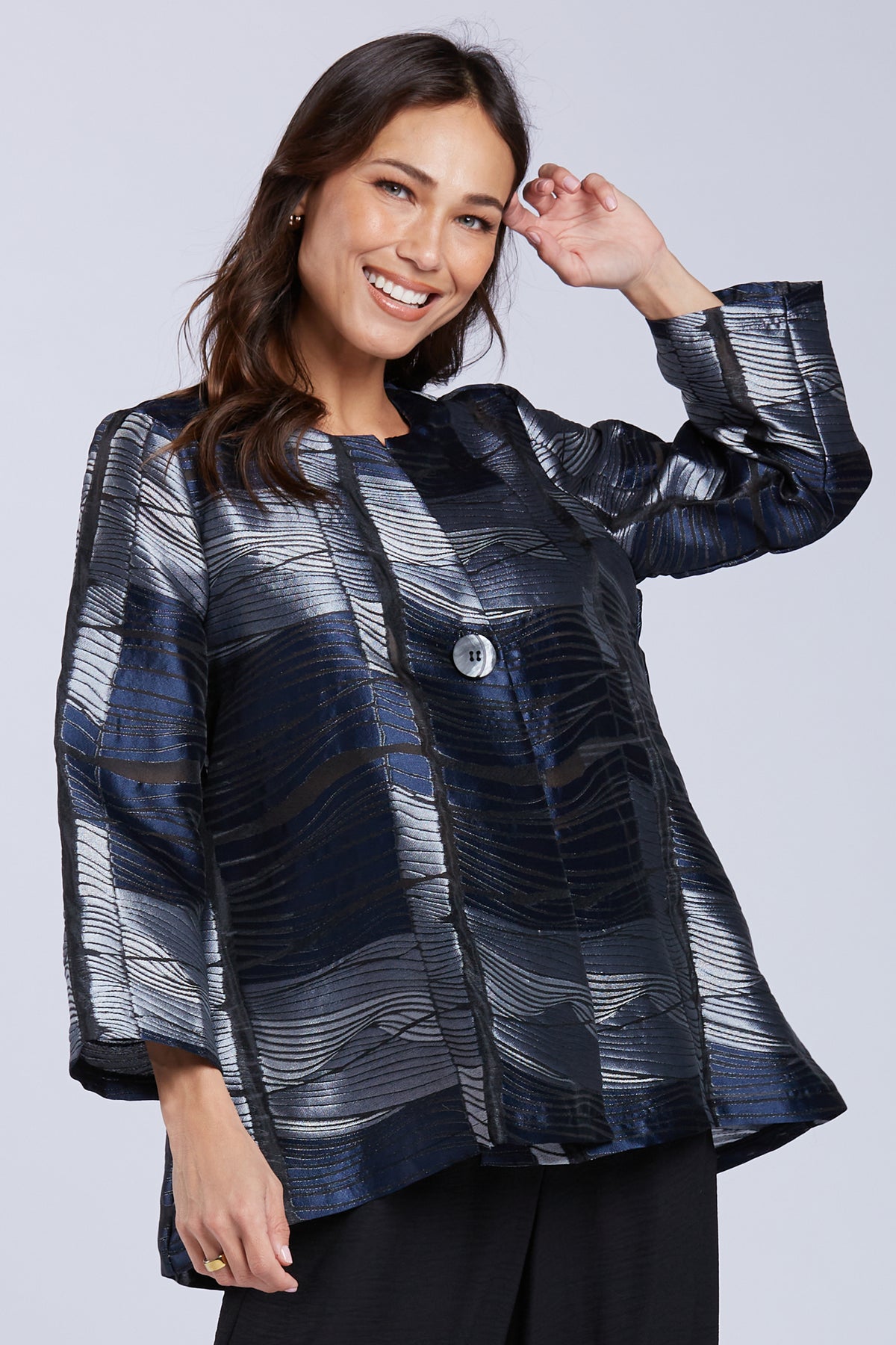 Sydney Project Ollie One Button Long Sleeve Abstract Top - WJJ1149 - NAVY WAVE