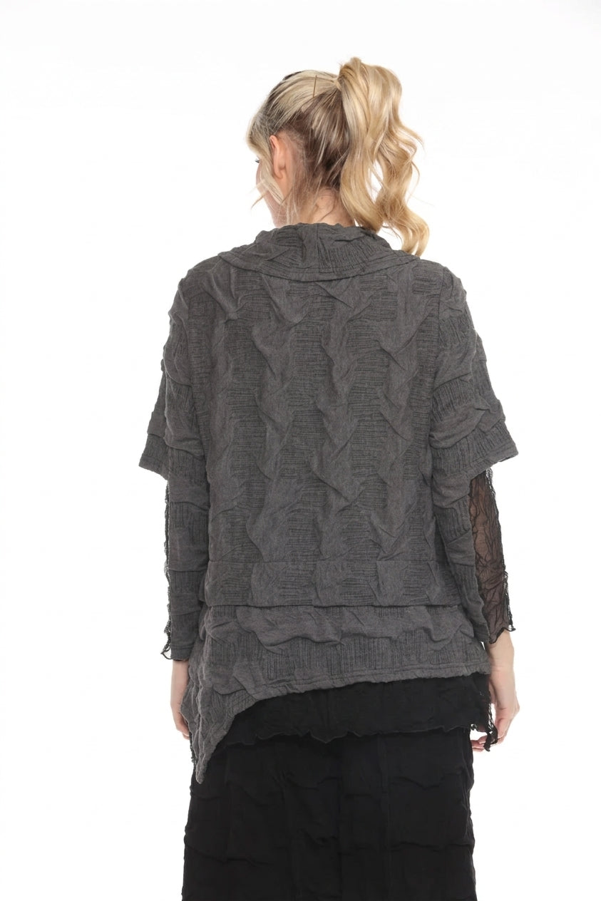 MOONLIGHT Asymmetric Textured Cowl Neck Layered Top - 3941 - GREY