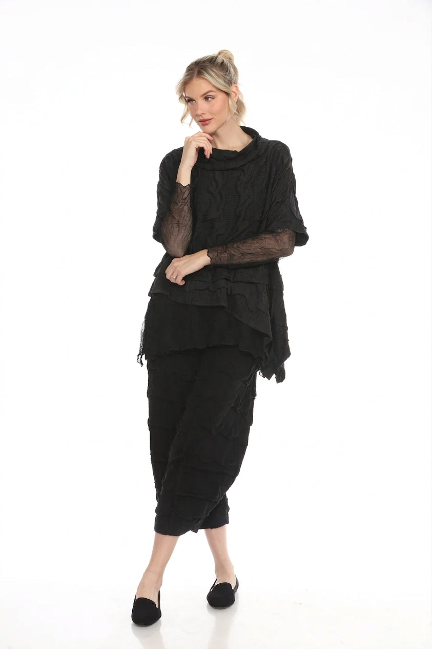 MOONLIGHT Asymmetric Textured Cowl Neck Layered Top - 3941 - BLACK