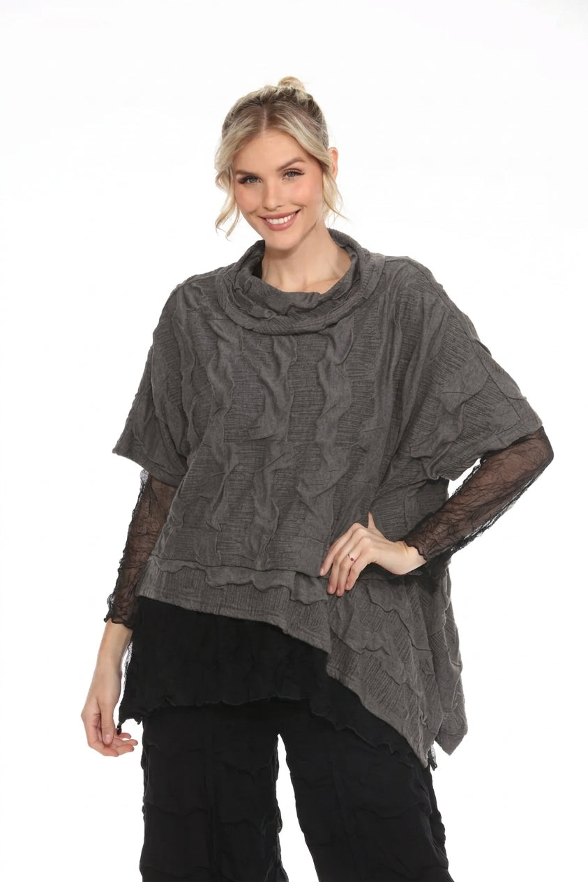 MOONLIGHT Asymmetric Textured Cowl Neck Layered Top - 3941 - GREY