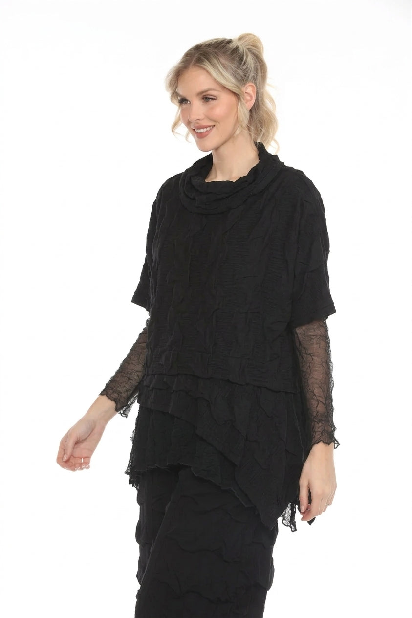 MOONLIGHT Asymmetric Textured Cowl Neck Layered Top - 3941 - BLACK