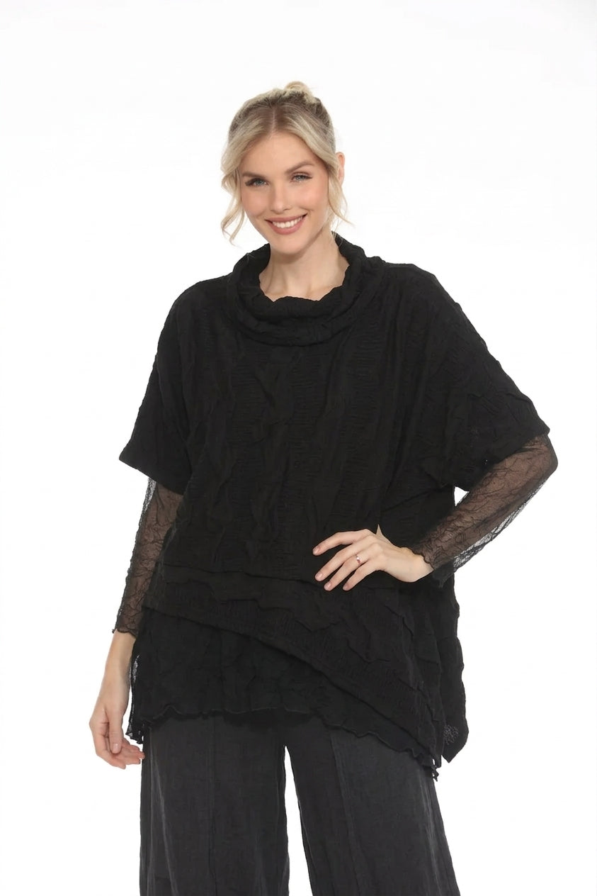 MOONLIGHT Asymmetric Textured Cowl Neck Layered Top - 3941 - BLACK