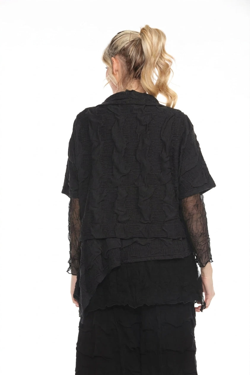 MOONLIGHT Asymmetric Textured Cowl Neck Layered Top - 3941 - BLACK