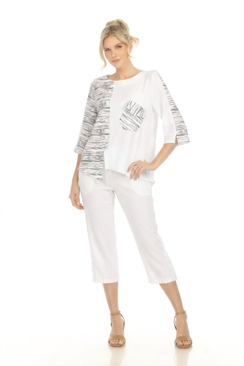 MOONLIGHT Asymmetric Animal Print Contrasting Top - 3870 - WHITE