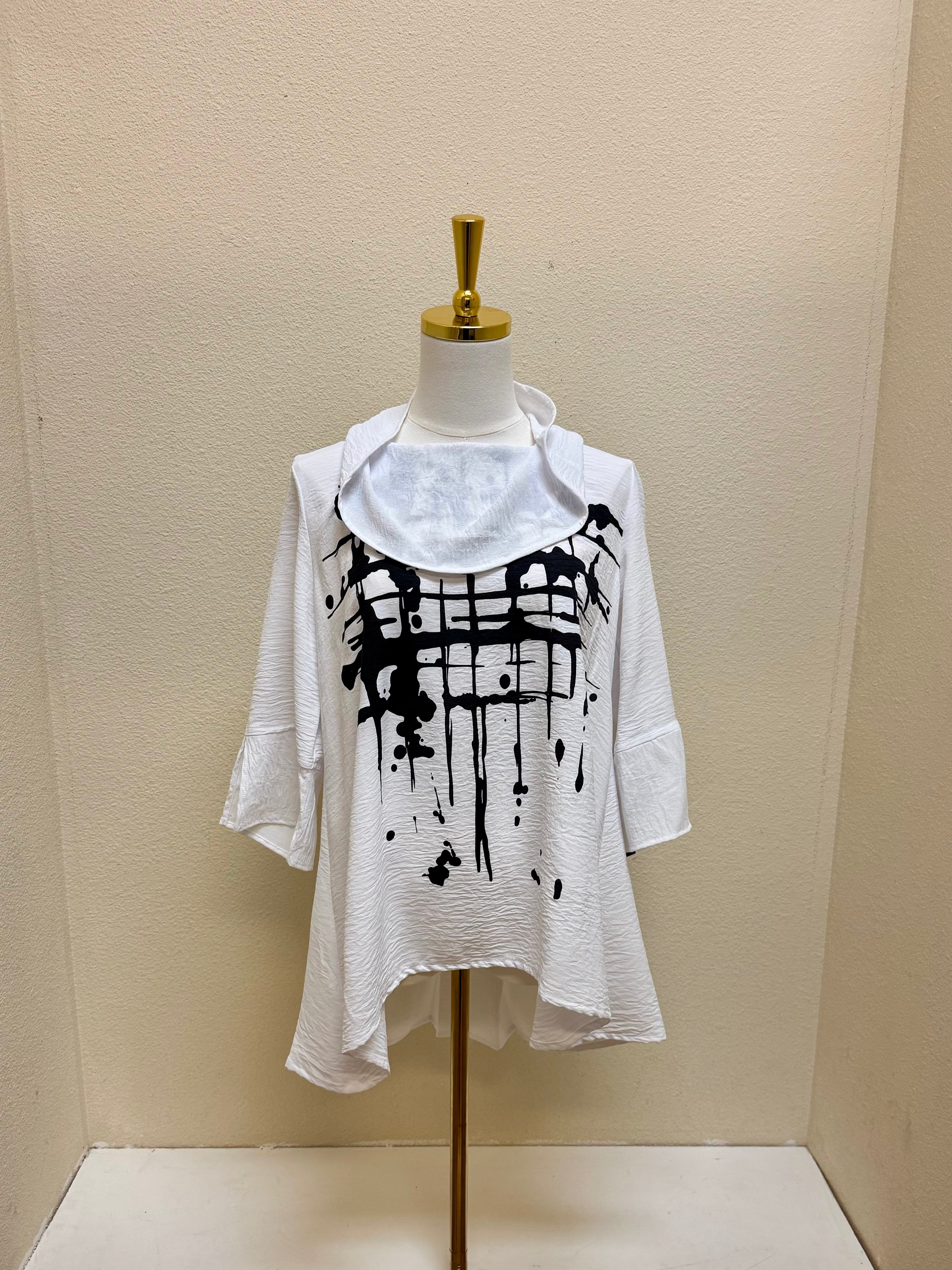 Sydney Project Vicki Cowl Neck 3/4 Sleeve Flowy Top - AFT1048 - WHITE ABSTRACT
