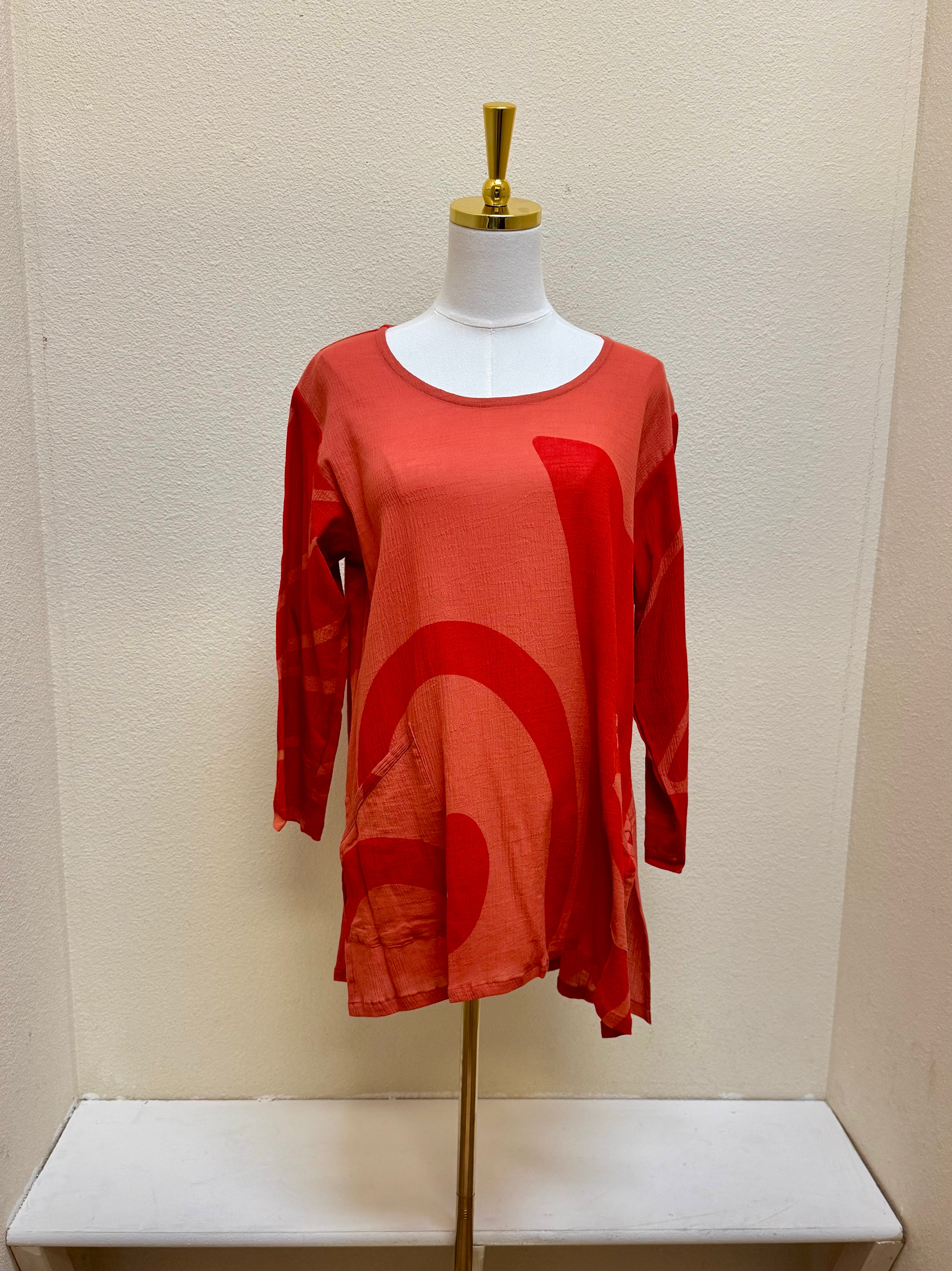 Yasuko Two Pocket Tunic Big Butterfly Print - BB198n-OB - Orange Brick