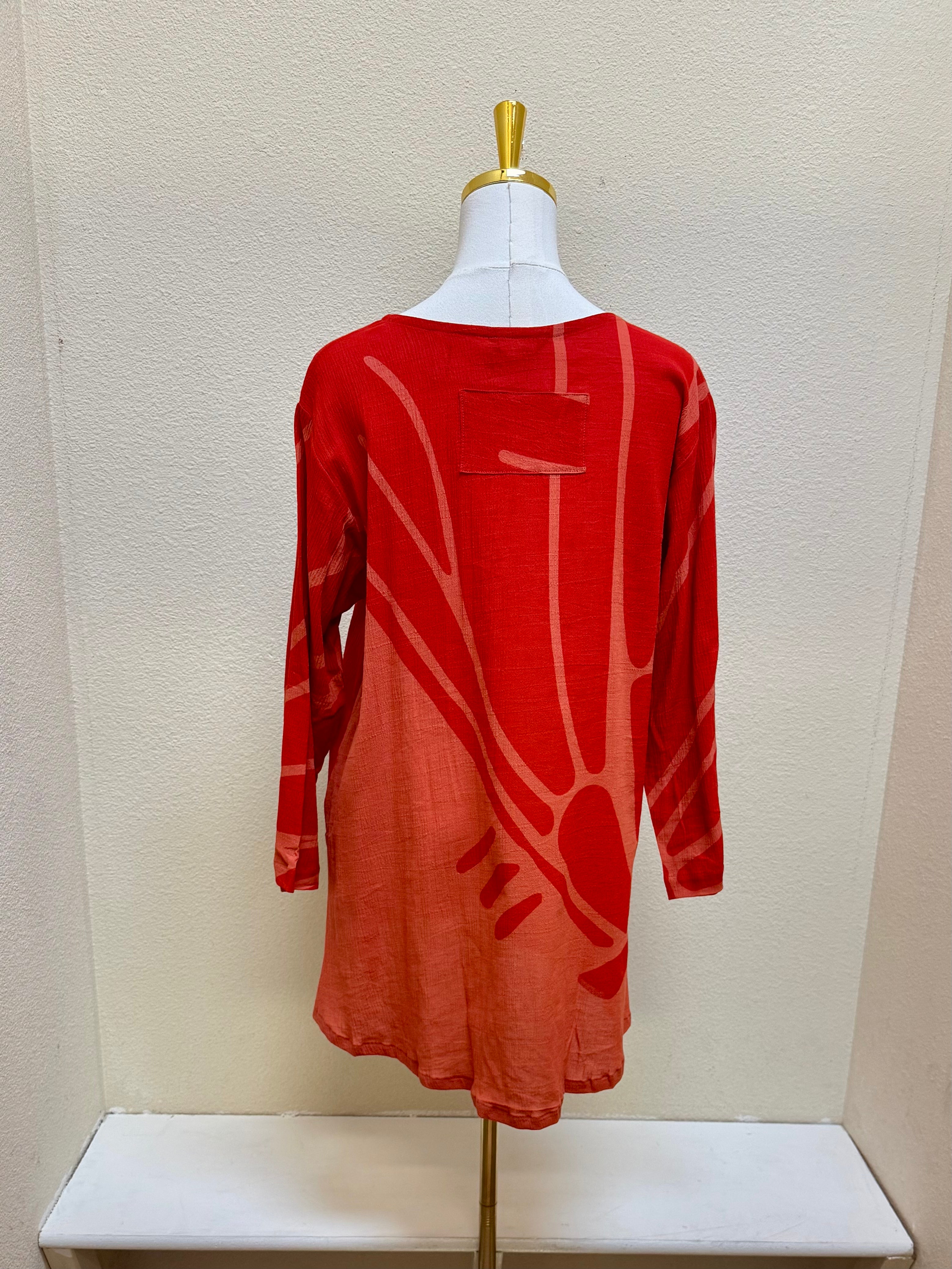 Yasuko Two Pocket Tunic Big Butterfly Print - BB198n-OB - Orange Brick