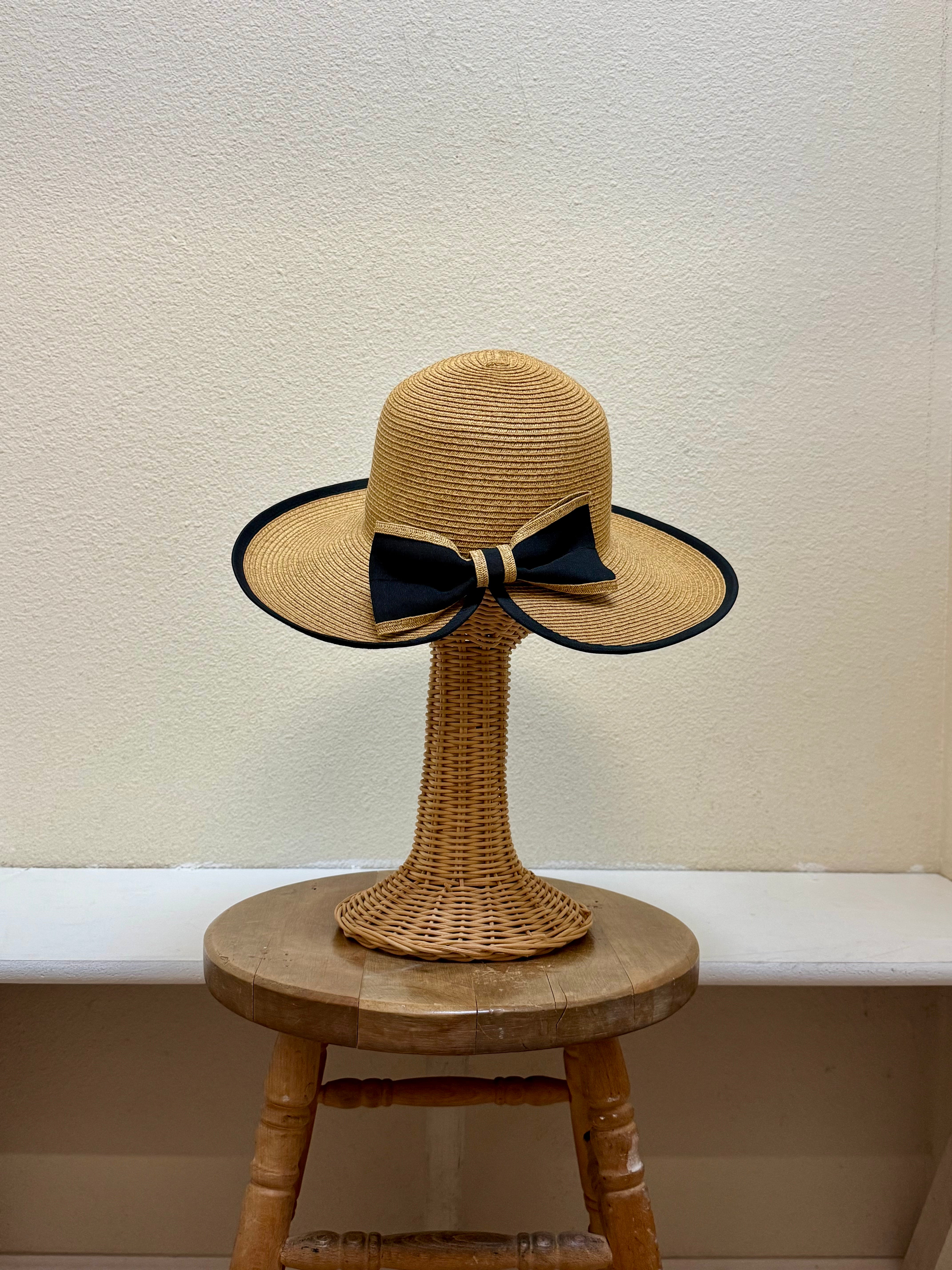 Paper Straw Sun Hat with Black Bow - 1707