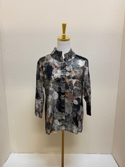 Shana Abstract Printed Patch Elastic Mandarin Collar Button Down Shirt - 26802 - BLACK