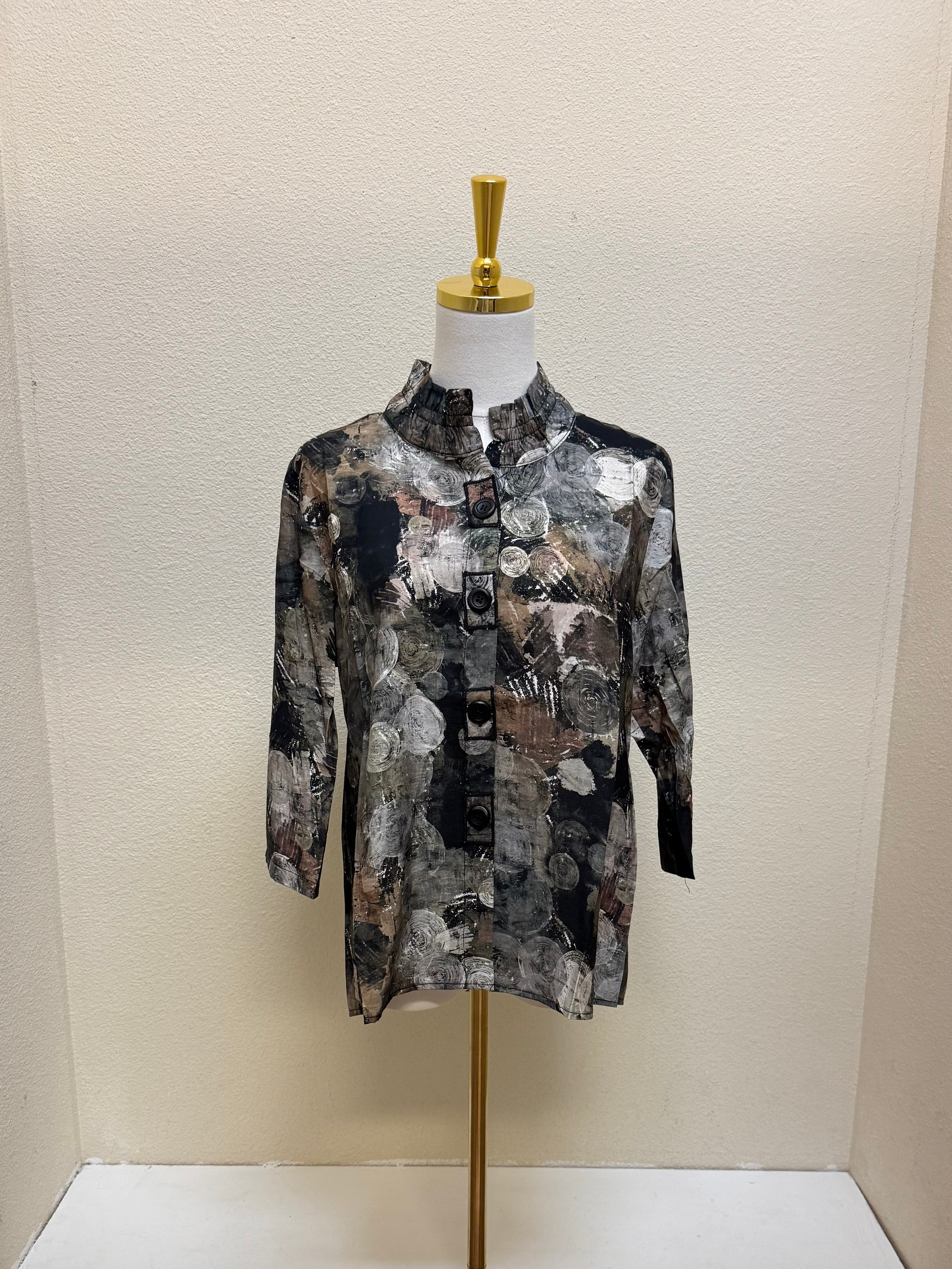 Shana Abstract Printed Patch Elastic Mandarin Collar Button Down Shirt - 26802 - BLACK
