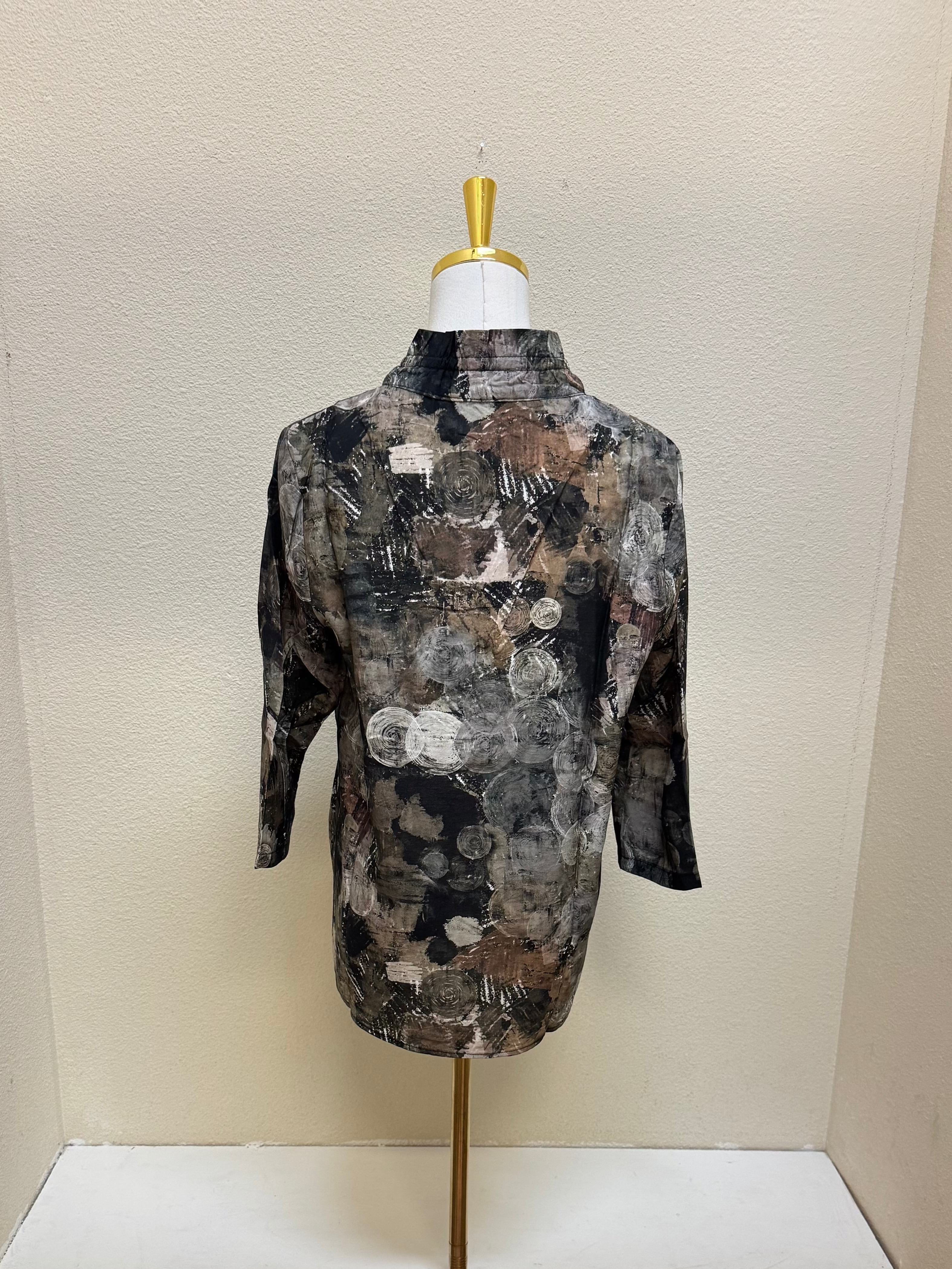 Shana Abstract Printed Patch Elastic Mandarin Collar Button Down Shirt - 26802 - BLACK