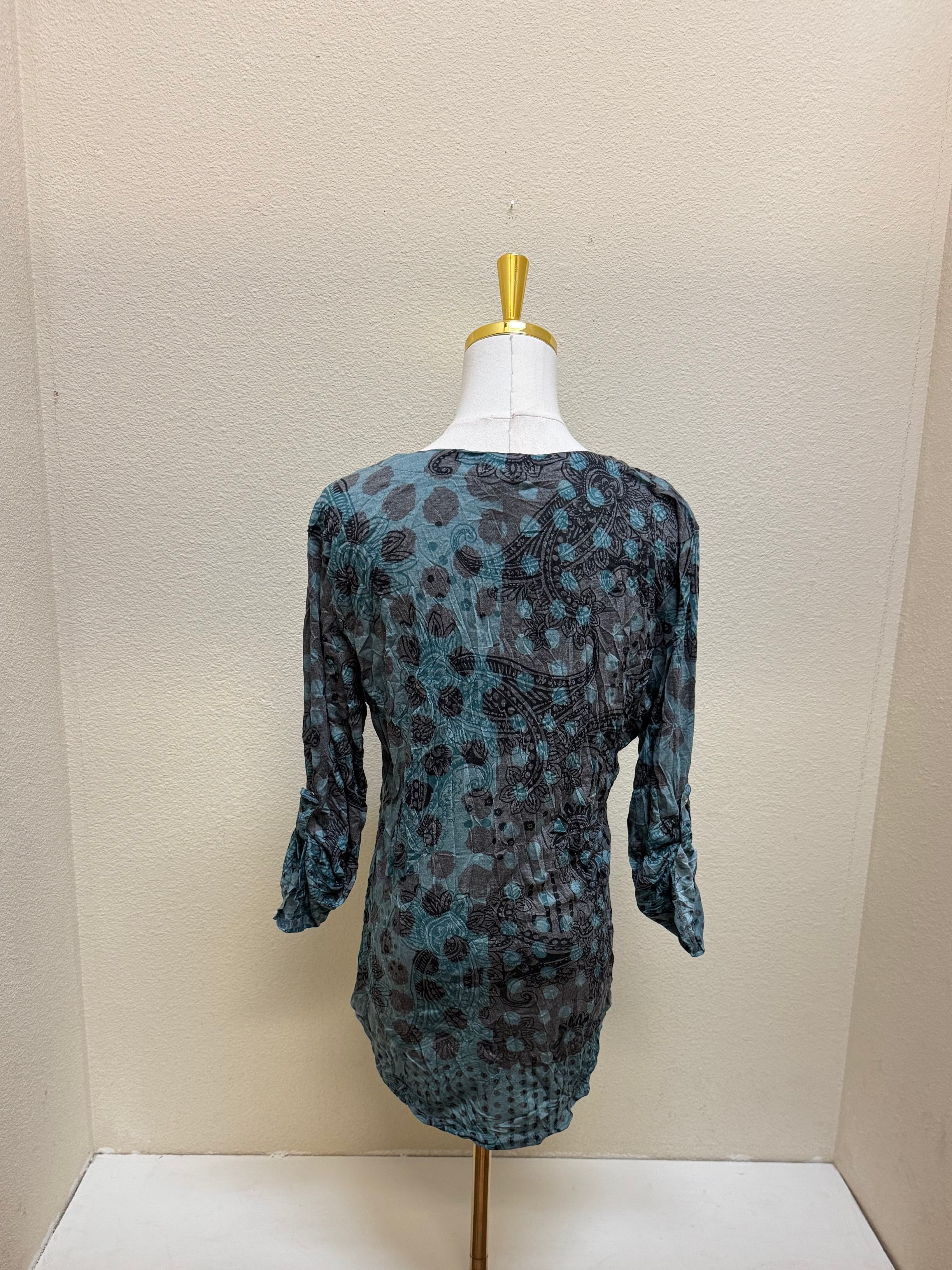 Shana Crinkle Mix Media Abstract Dot V-Neck Top - 26604 - TEAL