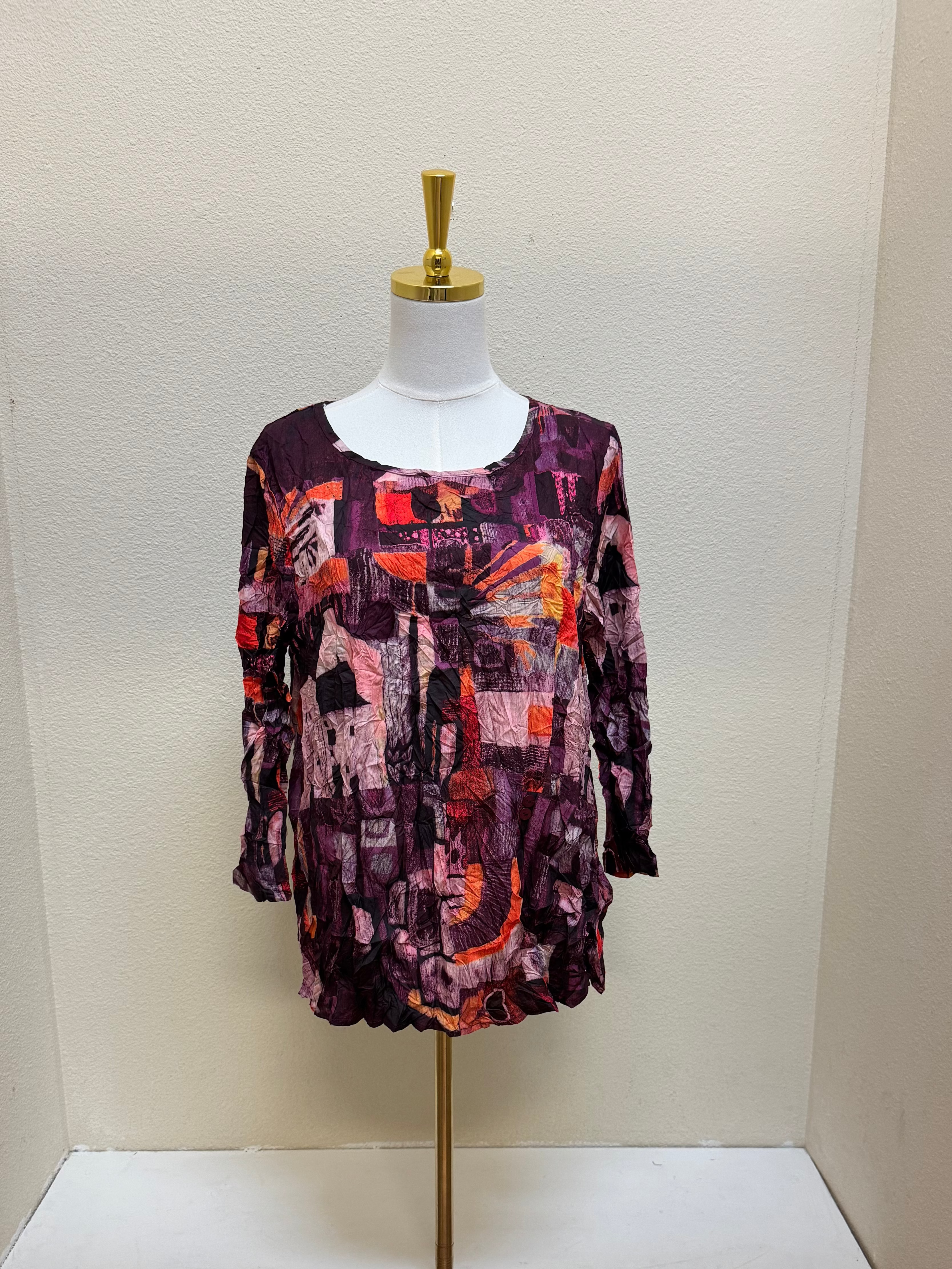 Shana Red and Purple Woven Abstract Printed Button Back Round Neck Top - 26646 - RED