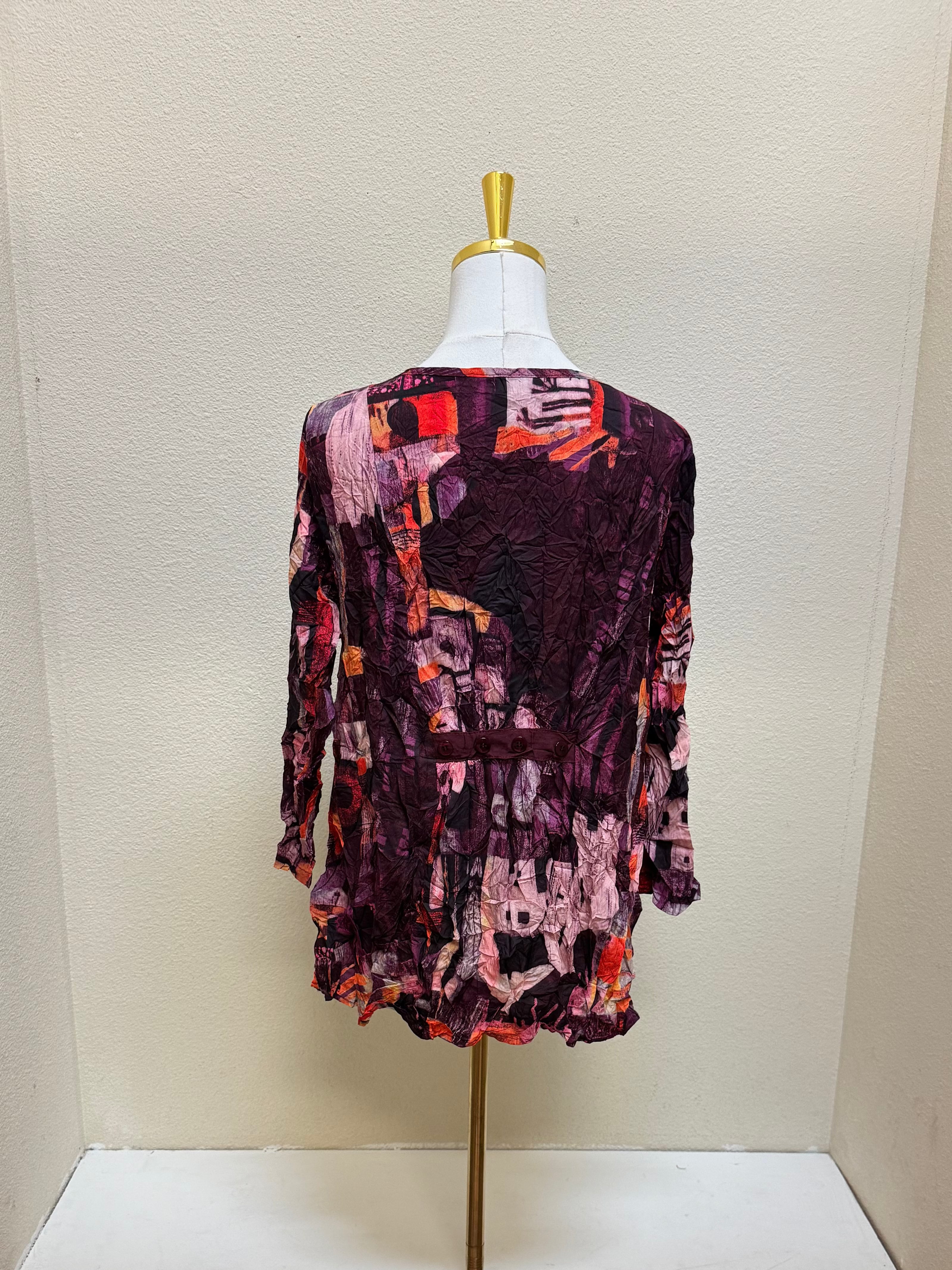 Shana Red and Purple Woven Abstract Printed Button Back Round Neck Top - 26646 - RED