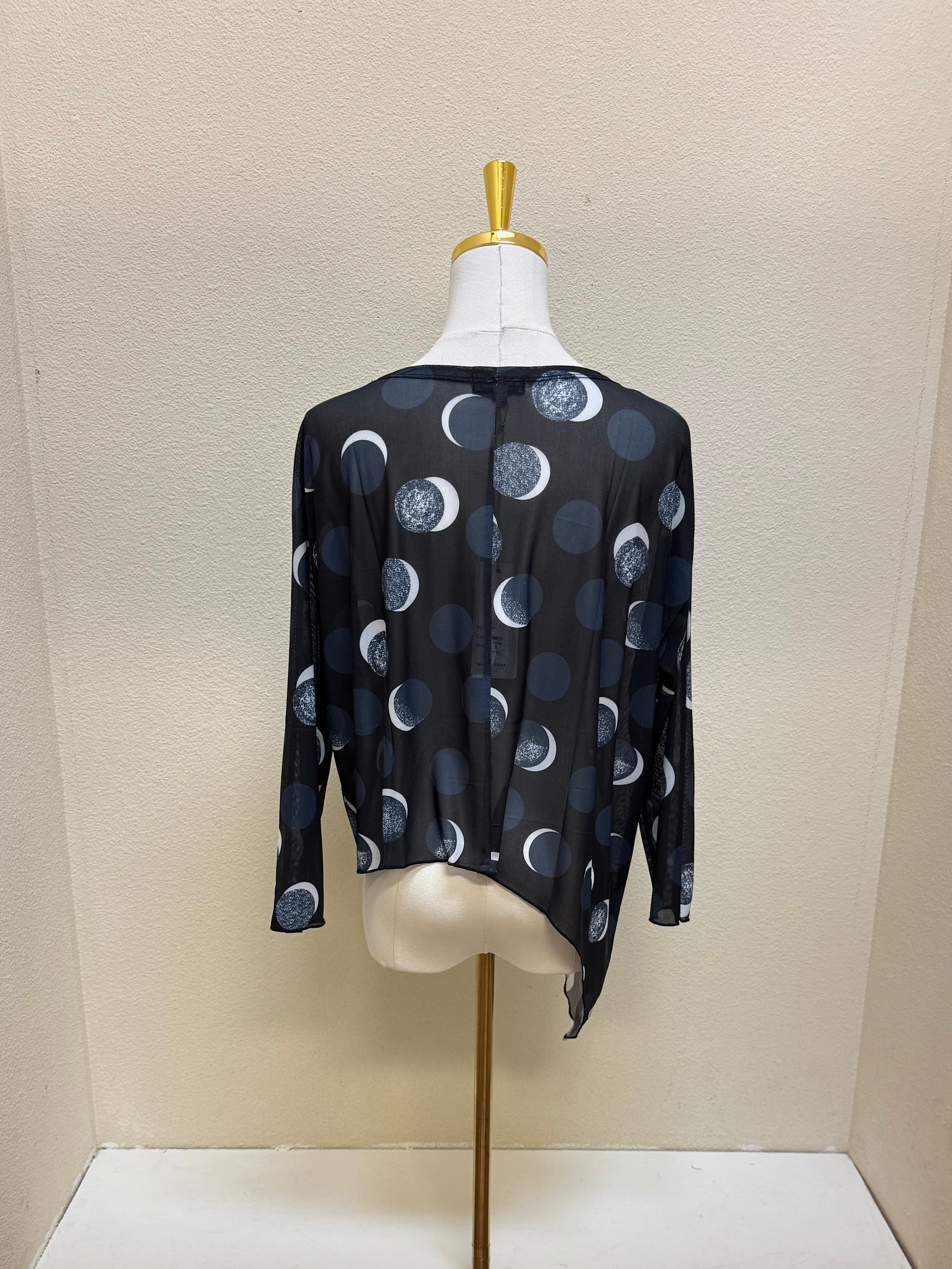 Shana Moon Printed Asymmetrical Mesh Long Sleeve Round Neck Topper - 26671 - CIRCLES