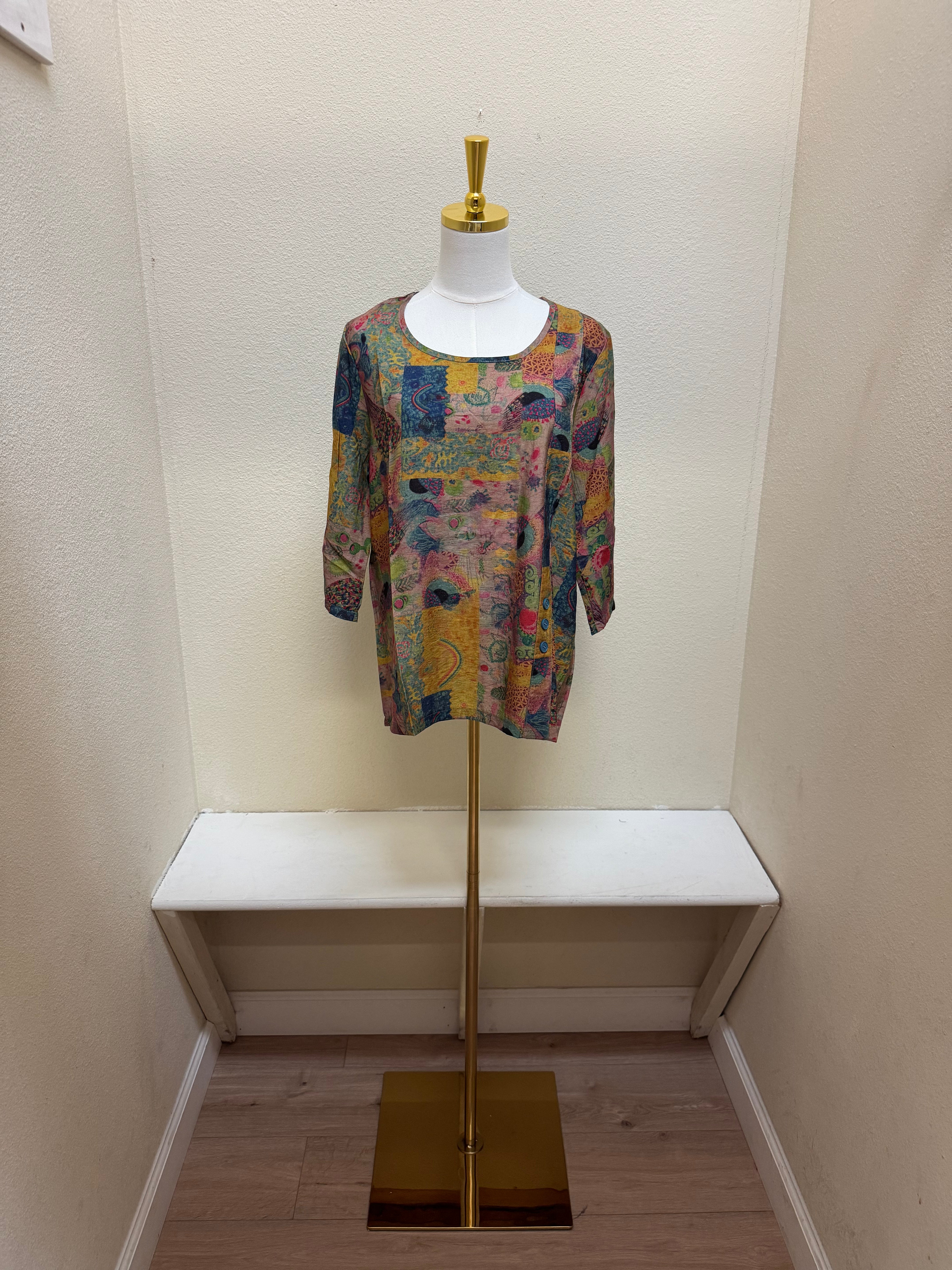 Shana Abstract Printed Button Round Neck Detail Top - 26801 - PINK