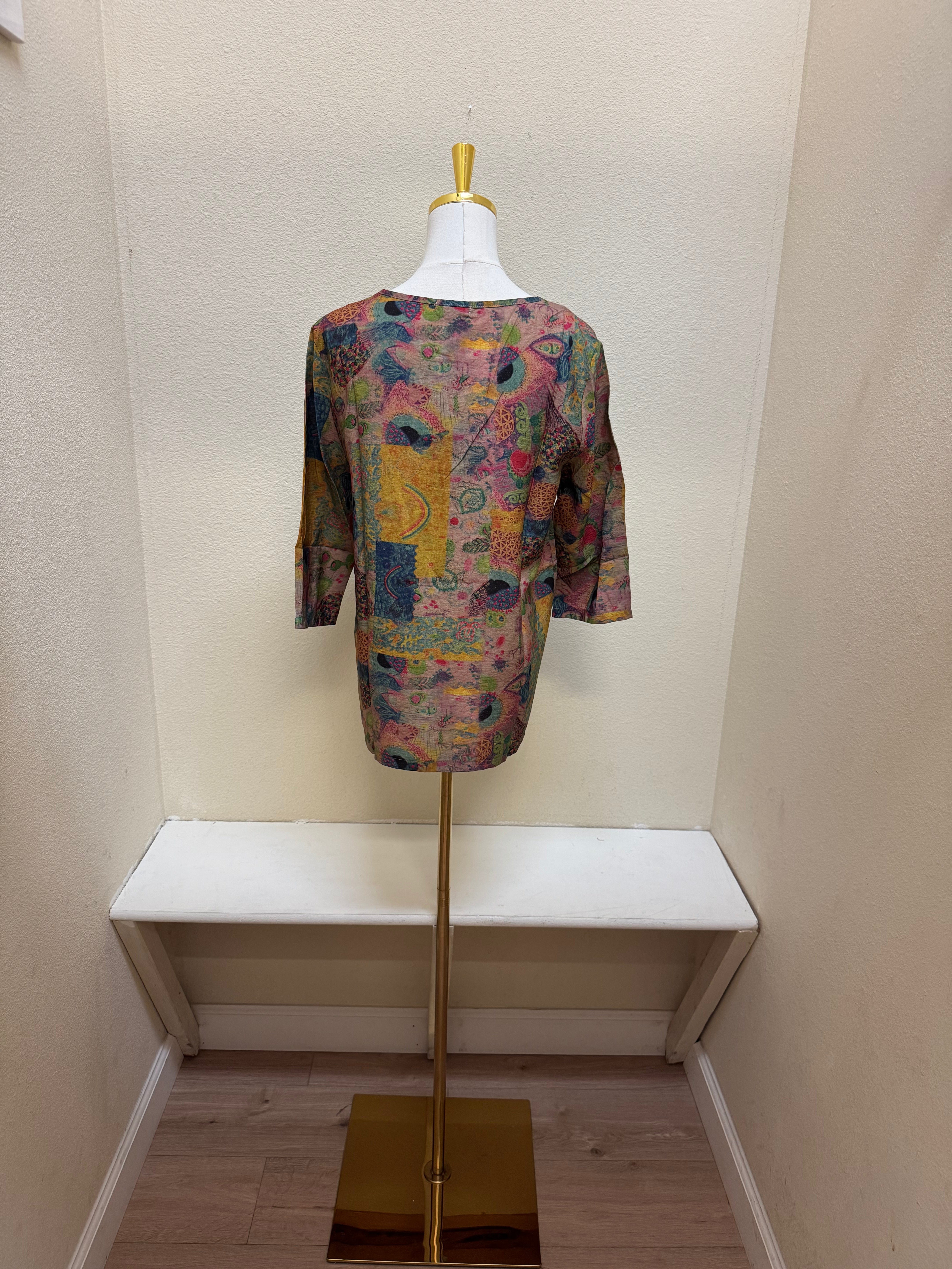 Shana Abstract Printed Button Round Neck Detail Top - 26801 - PINK