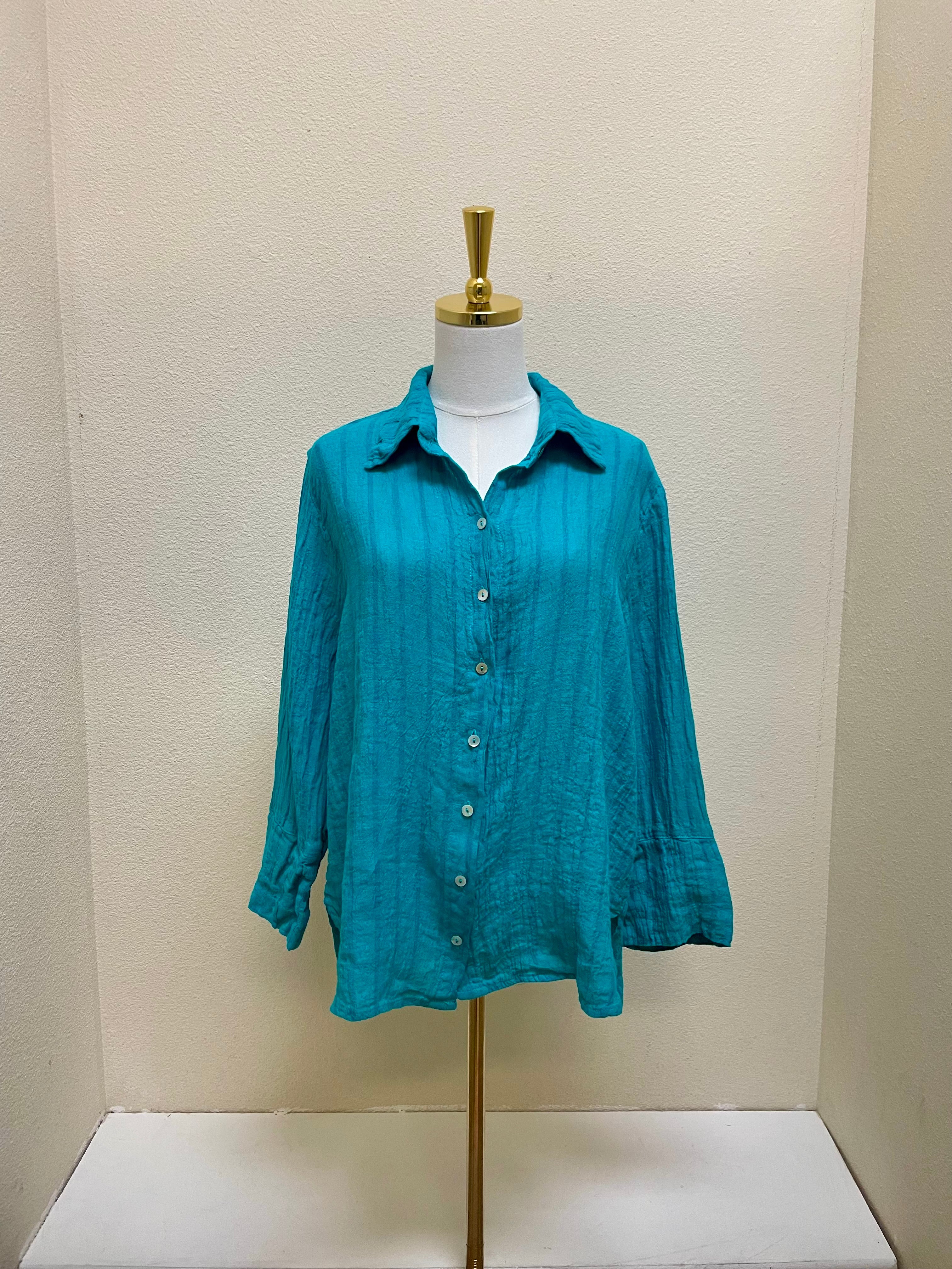 CUT LOOSE Blue Linen Stripe Crop Easy Shirt - 4616986