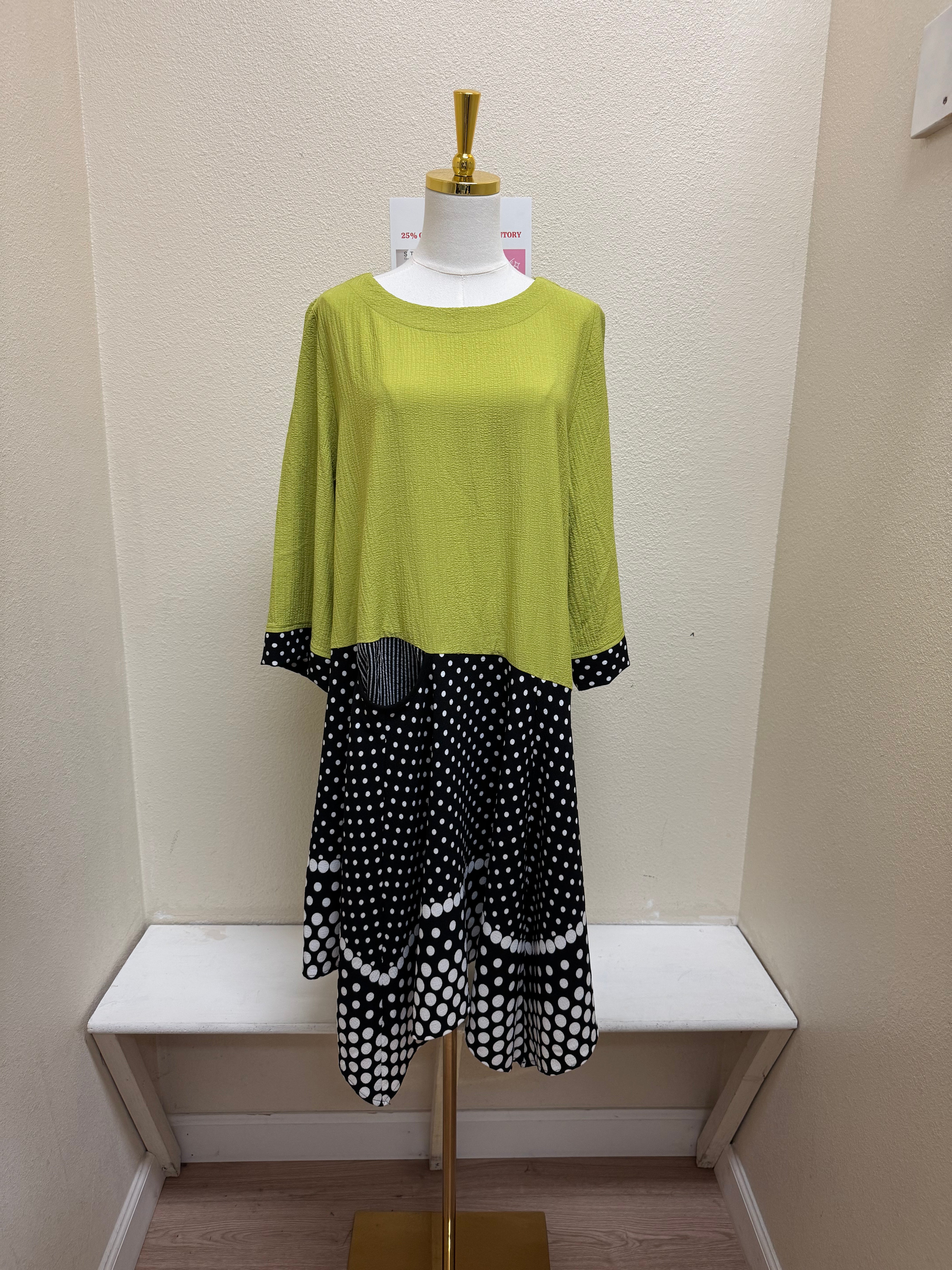 MOONLIGHT Lime & Black Polka Dot Split Print Pocket Dress - 3748