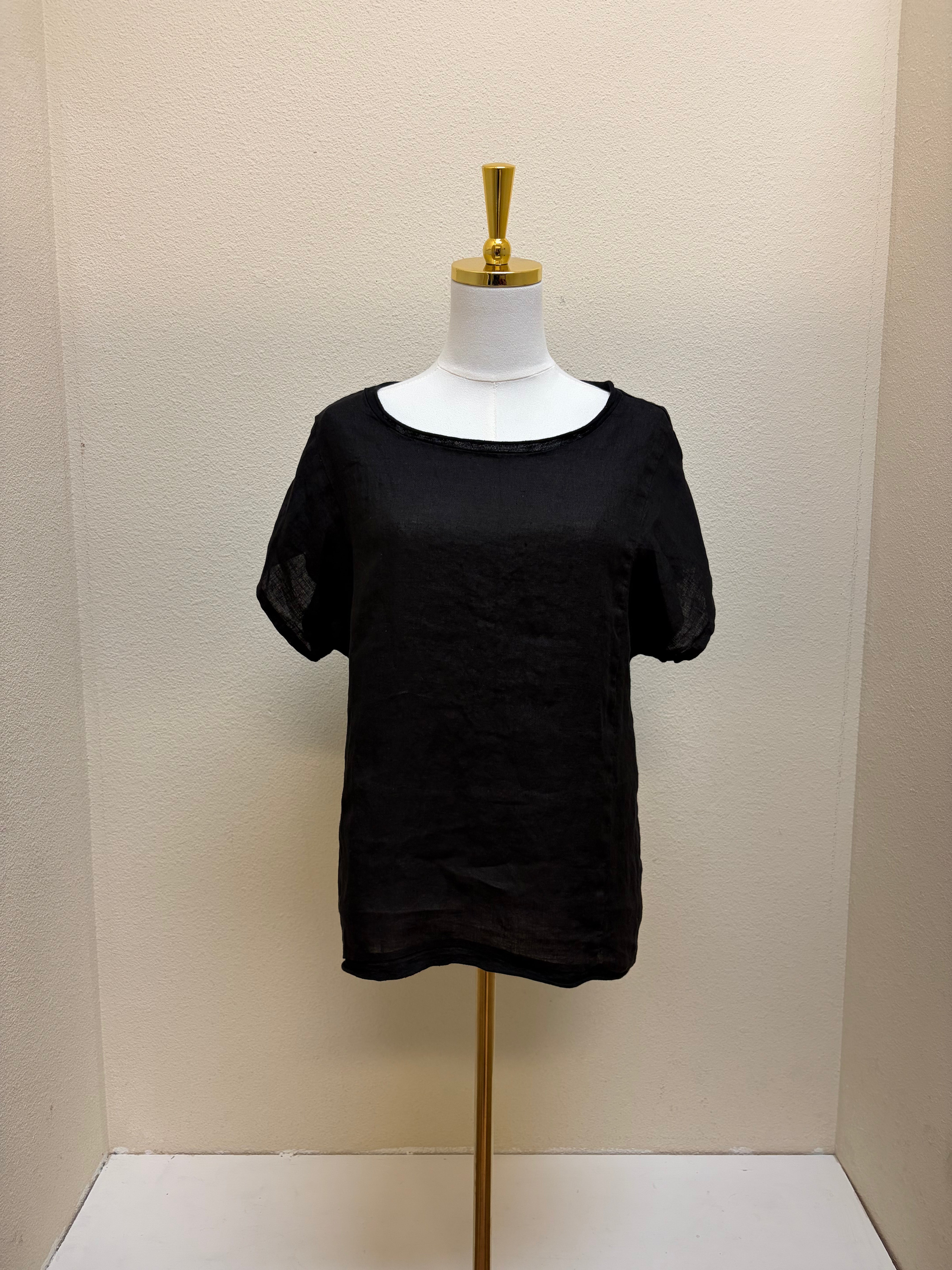 CUT LOOSE - Linen Combo Hi-Low S/S Pullover Top - 5706151 - BLACK