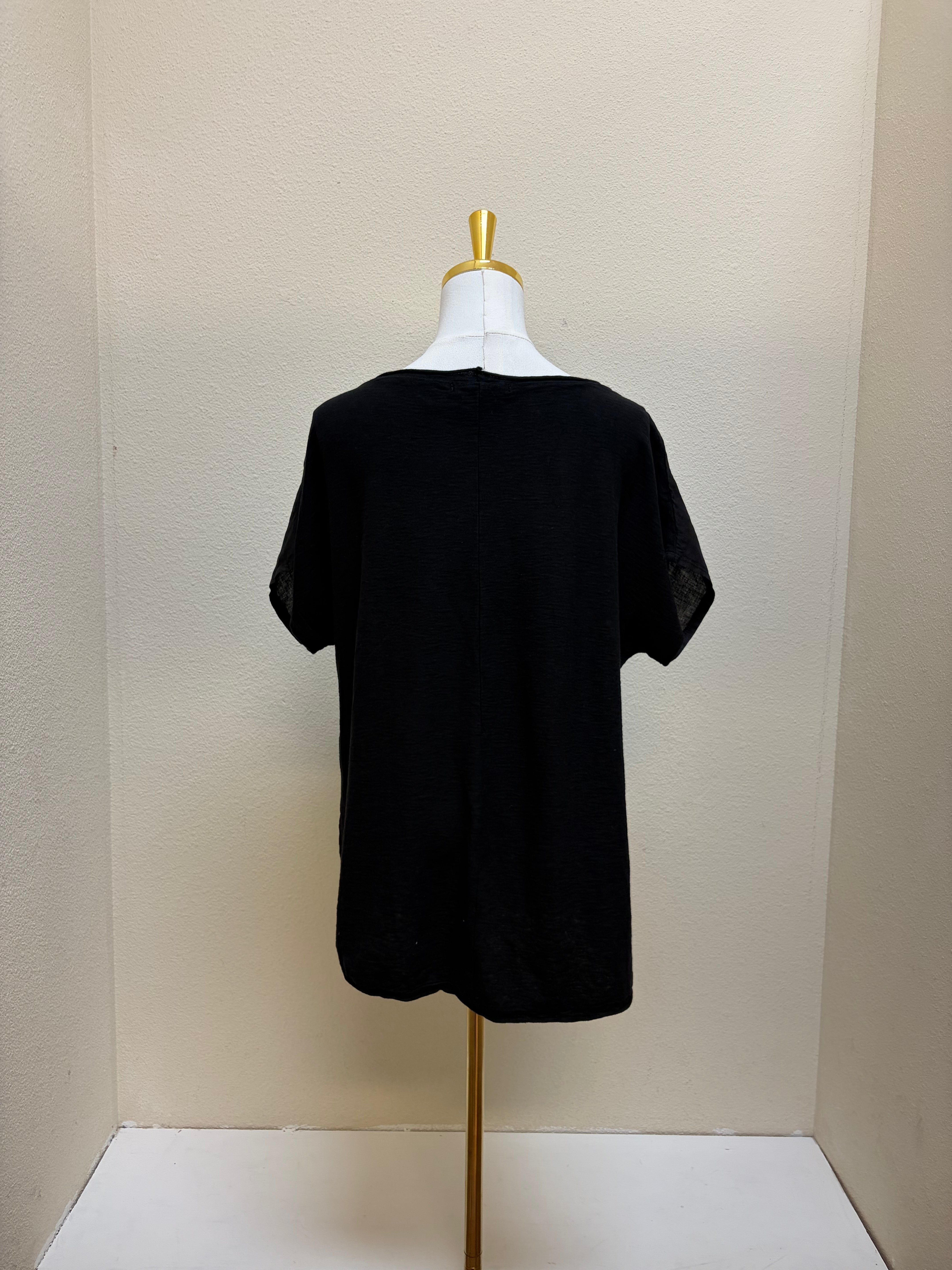 CUT LOOSE - Linen Combo Hi-Low S/S Pullover Top - 5706151 - BLACK