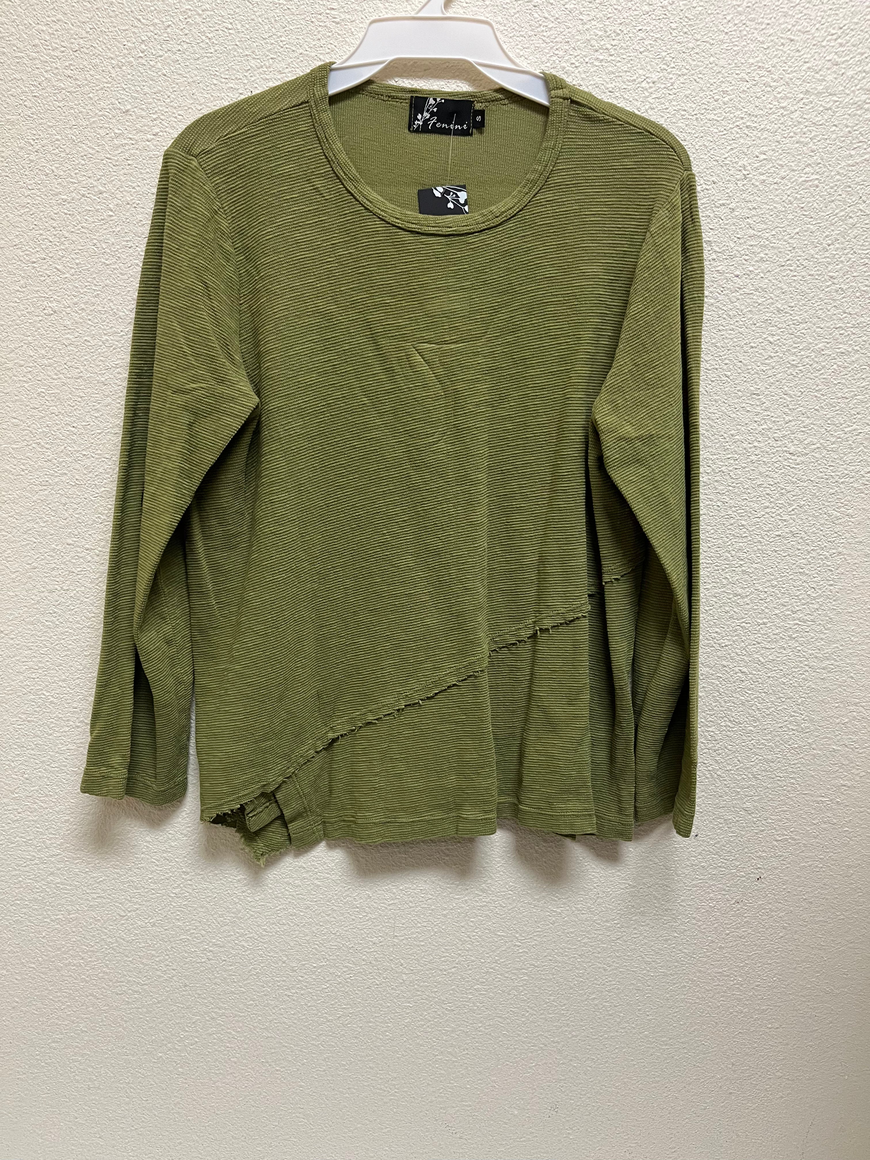 Fenini Avocado Long Sleeve Asymmetric Slub Top - C47073AVO - AVOCADO