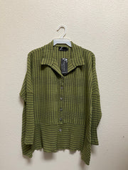 Fenini Striped Button Down Collared Long Sleeve Shirt - C47053AVO - AVOCADO