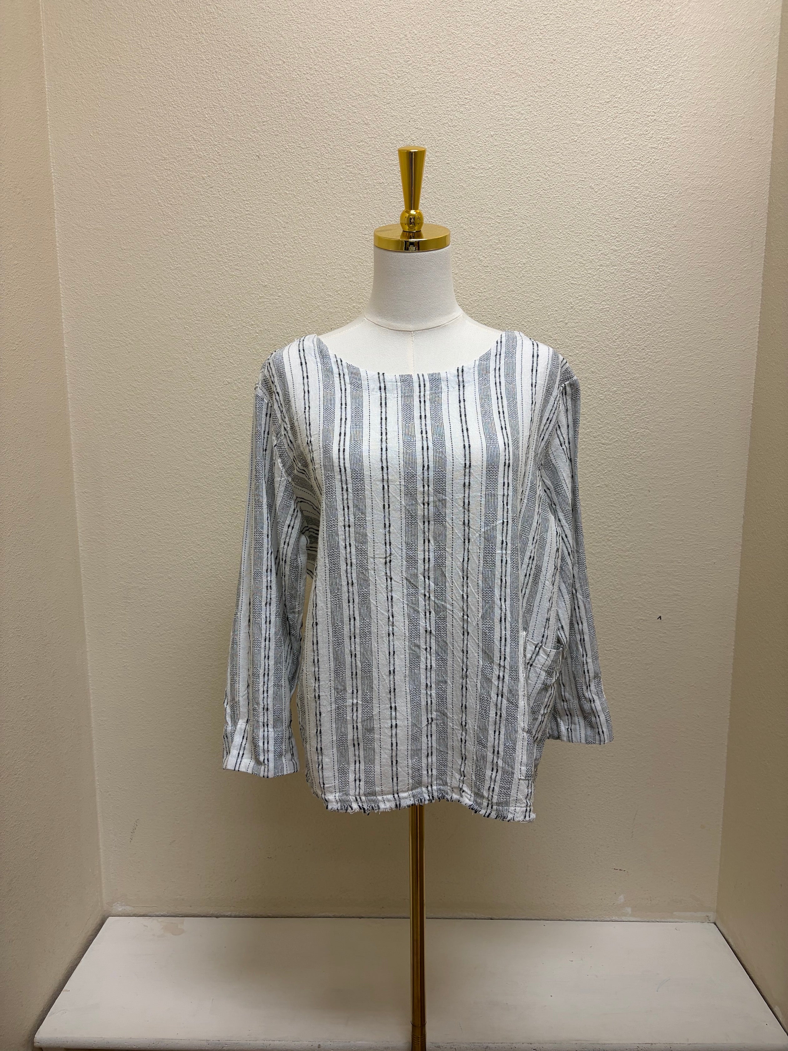 CUT LOOSE Pinstripe Linen Pocket 3/4 Slv Shell - 5147335