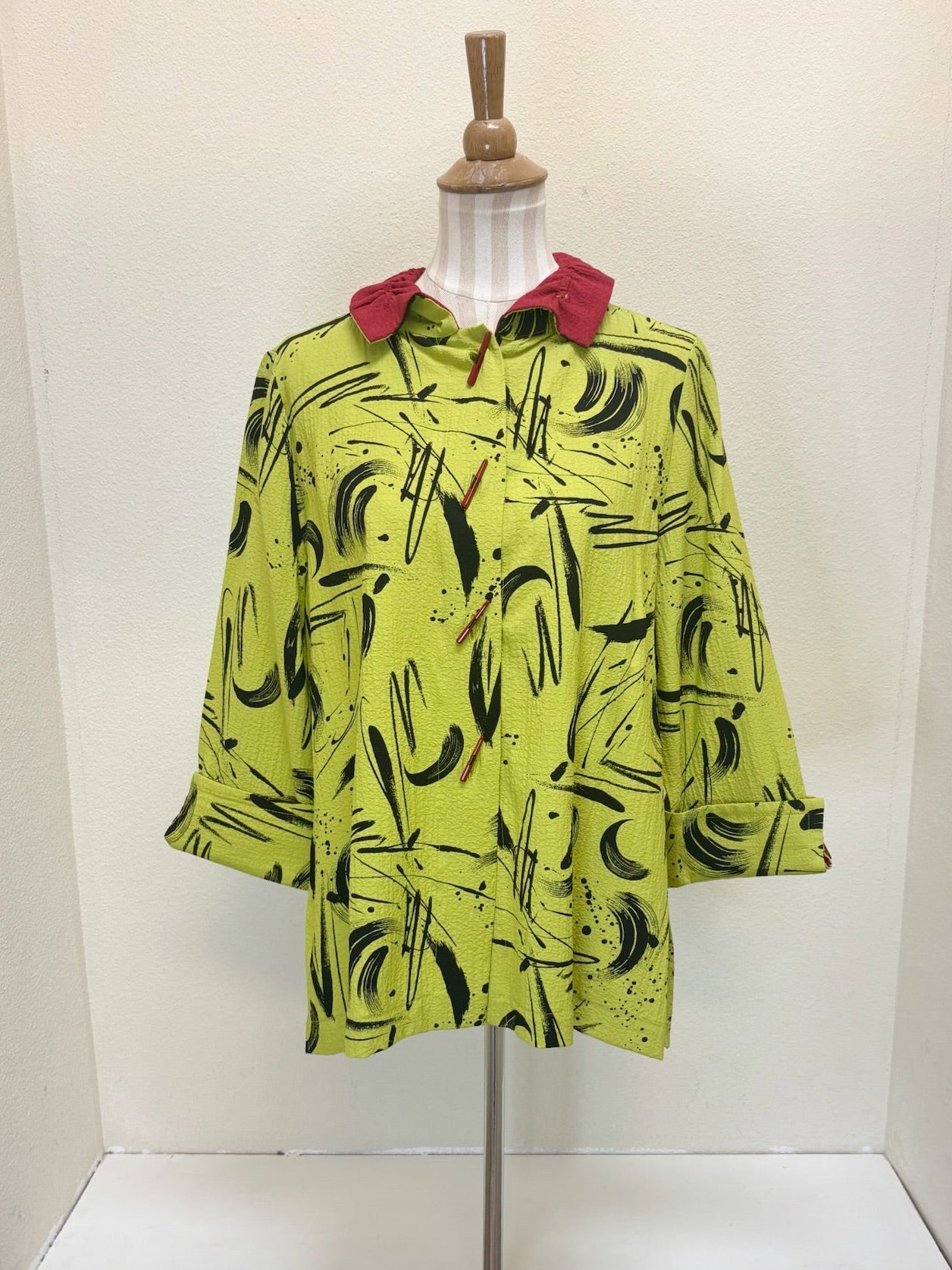 MOONLIGHT Button Down Swirl Pleated Zip Back Swing Shirt - 2417 PR LIME