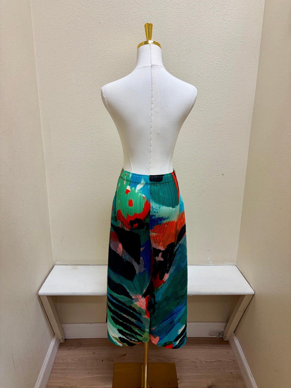 Vanite Couture Pleated Multicolor Artistic Wide Leg Pants - 88635 - GREEN ABSTRACT