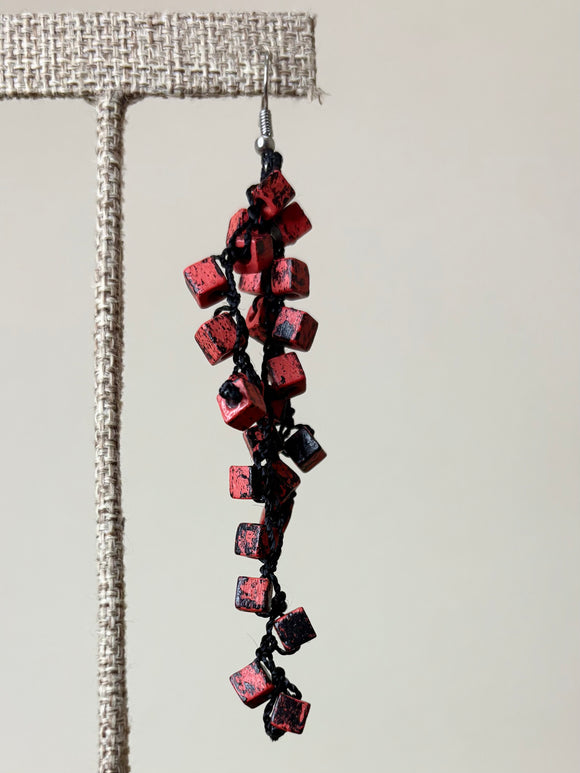 JIANHUI LONDON Red/Black Iris Pashmina Hand-crocheted Tassel Earrings