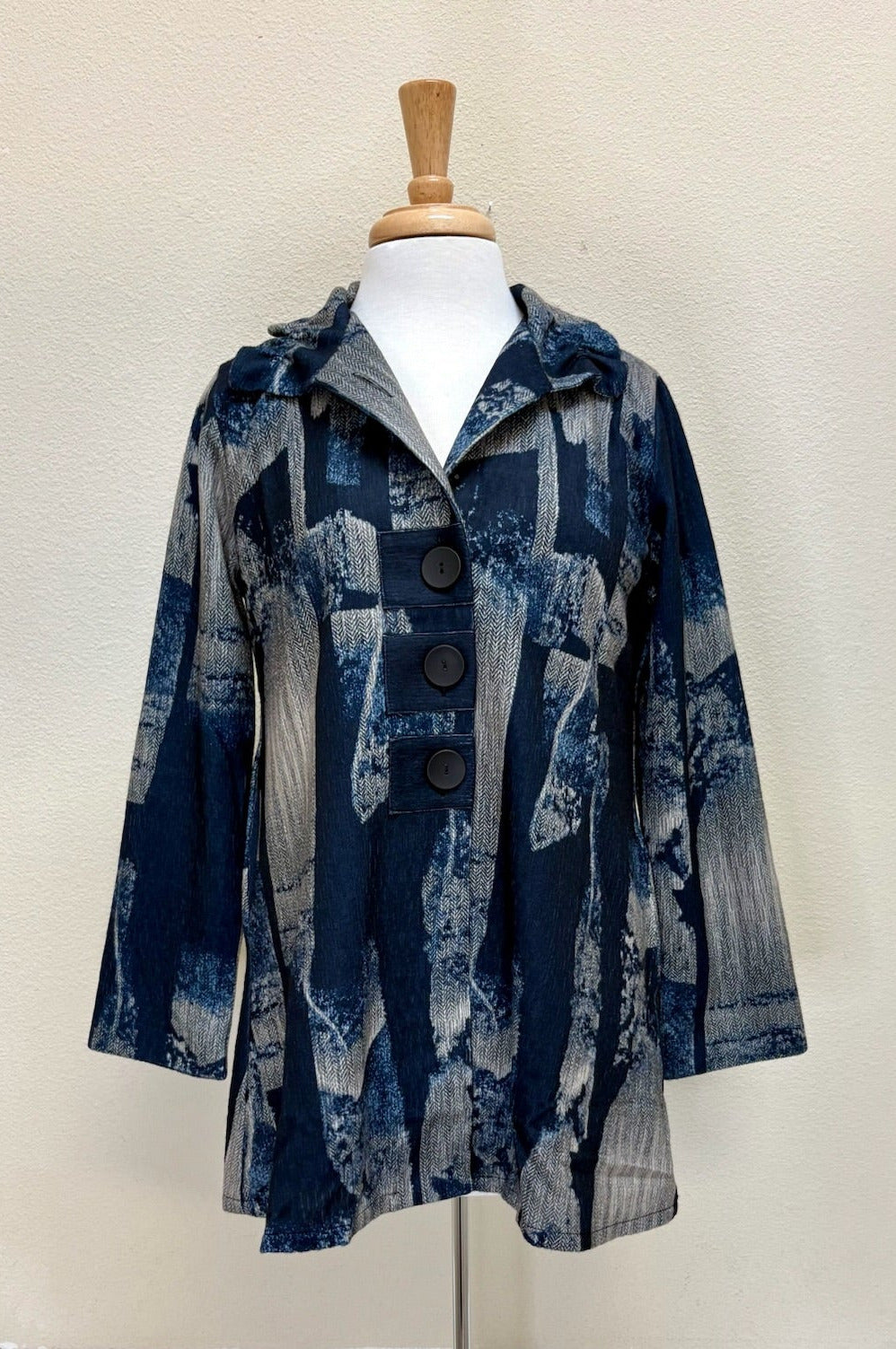 DAMEE ABSTRACT LONG BUTTON PATCH COAT - 5013-NVY