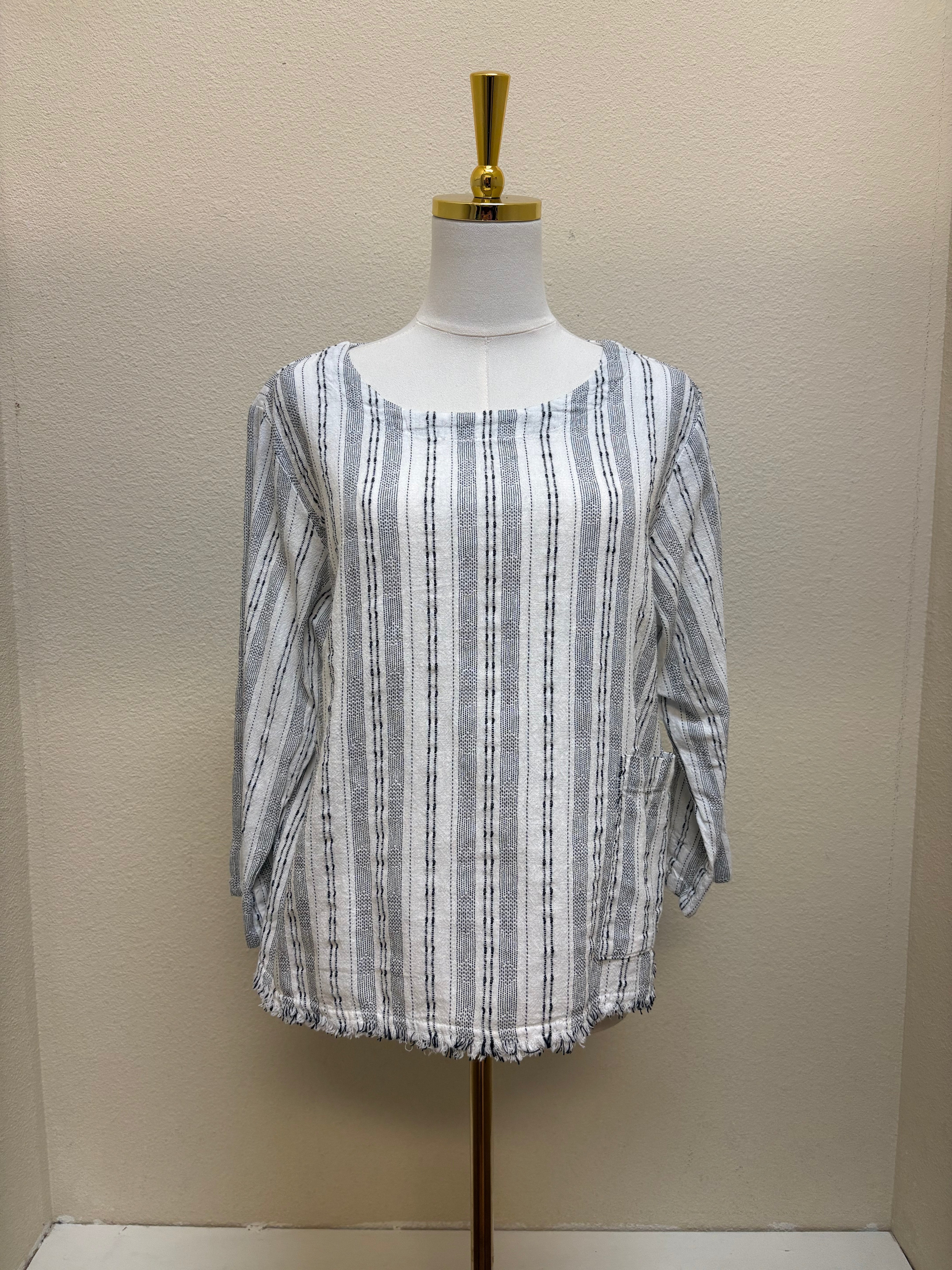 CUT LOOSE Pinstripe Linen Pocket 3/4 Slv Shell - 5147335 - WHITE