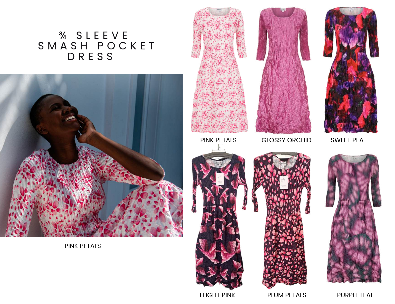 Alquema 3/4 Sleeve Smash Pocket  Dress - BLACK RED PINK ROSES