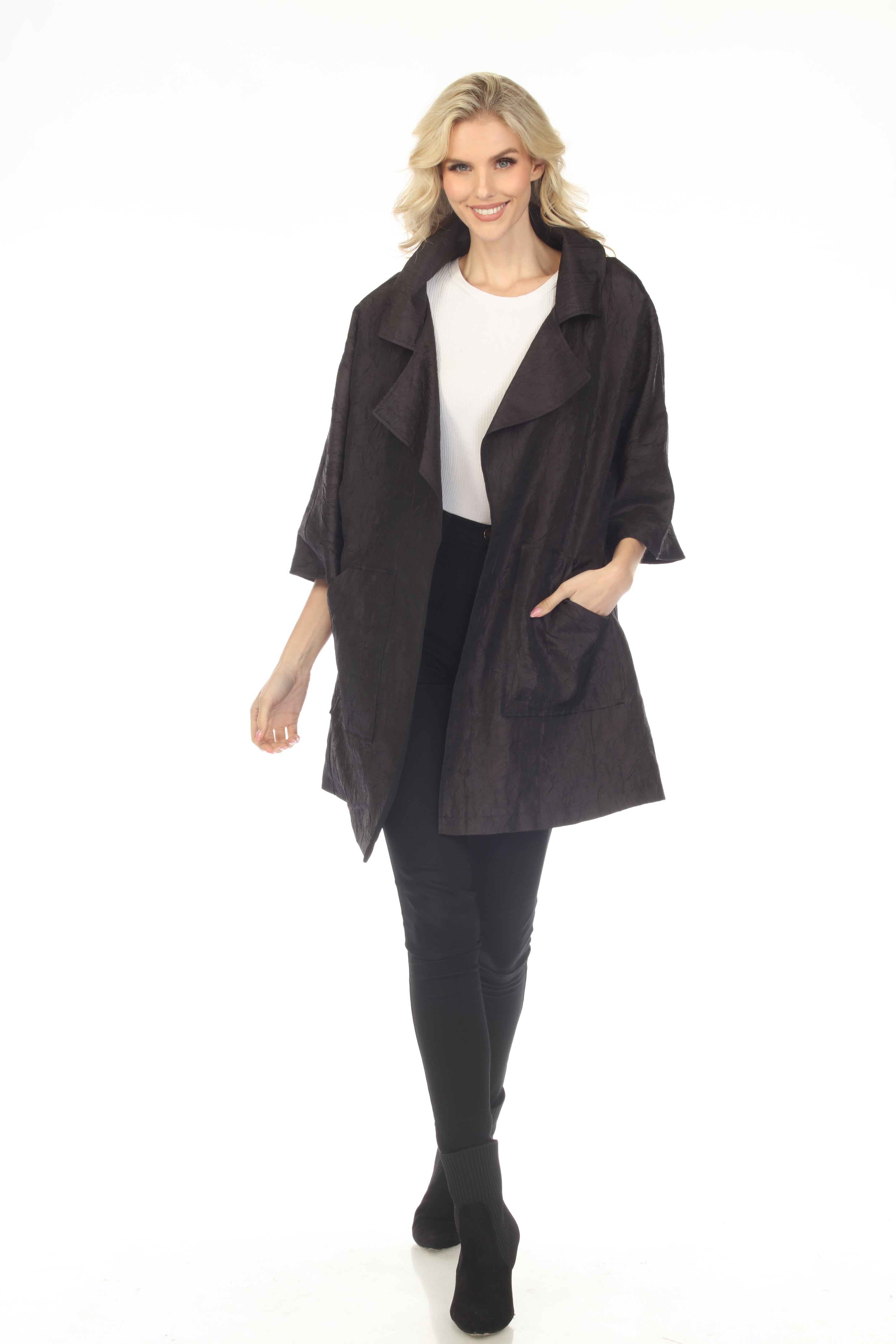 Oopera Packable Open Front Crinkle Fabric Raincoat - Midnight Black - J2612-1
