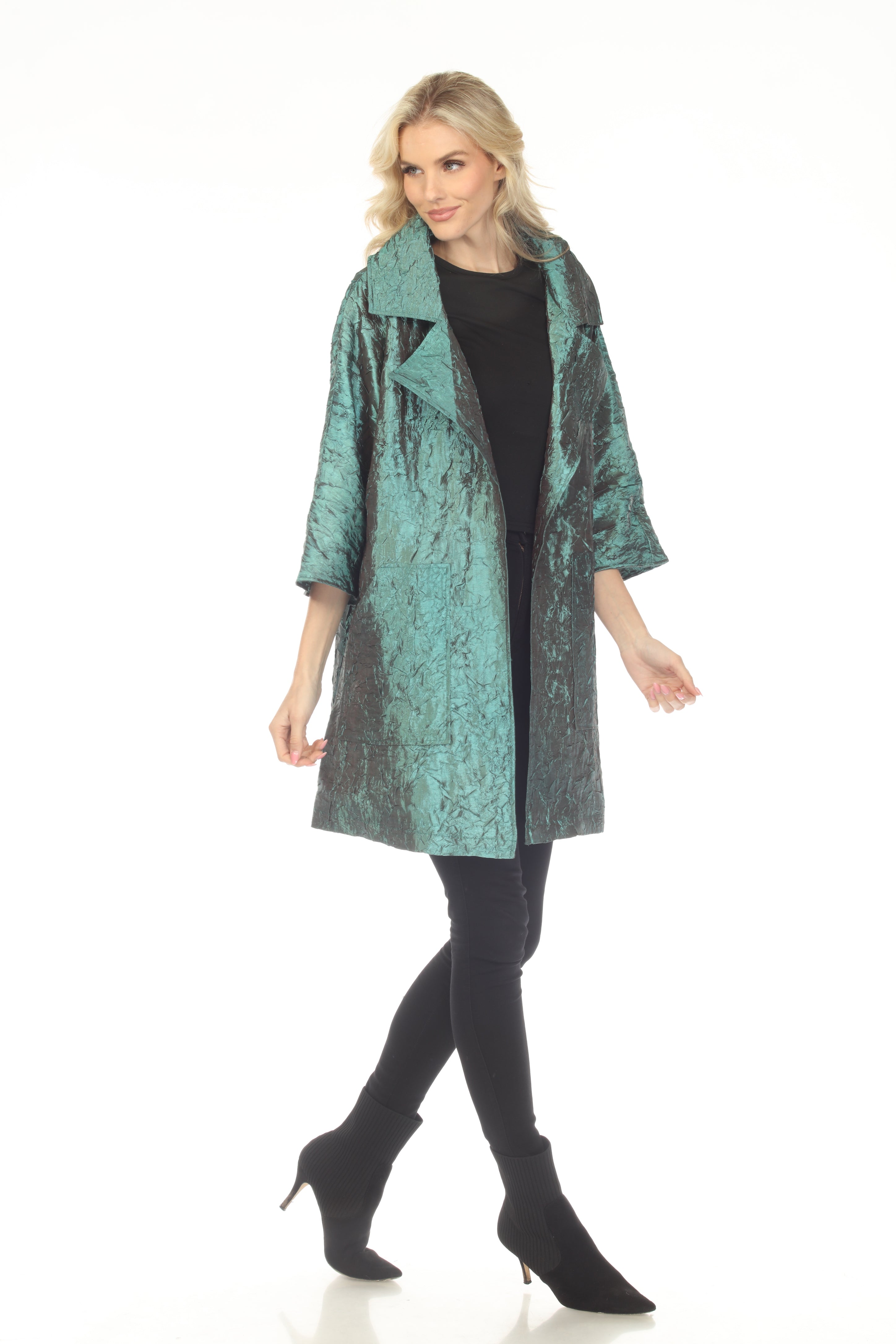 Oopera Packable Open Front Crinkle Fabric Raincoat - Egyptian Teal - J2612-3