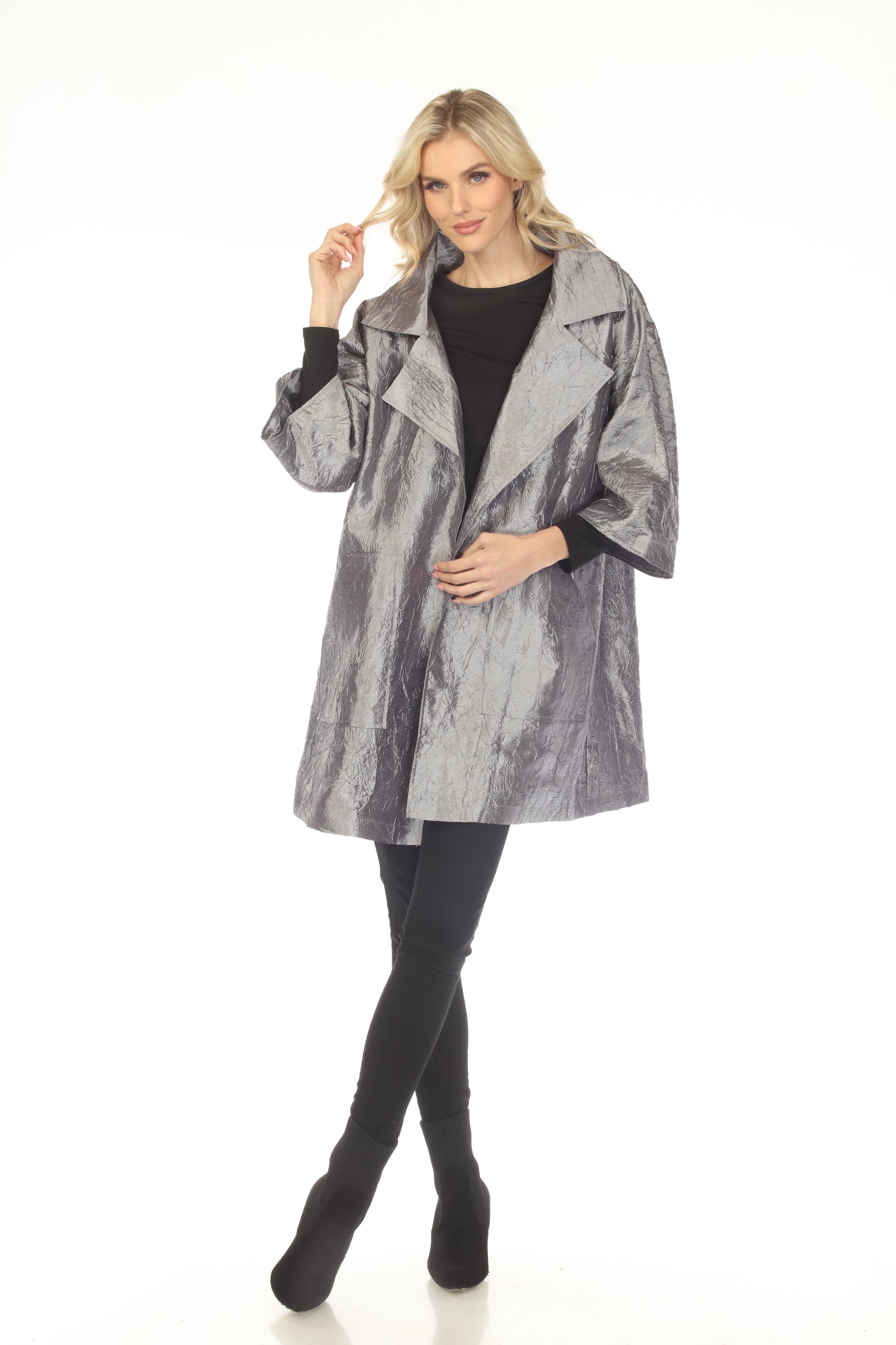 Oopera Packable Open Front Crinkle Fabric Raincoat - Steel Gray - J2612-6