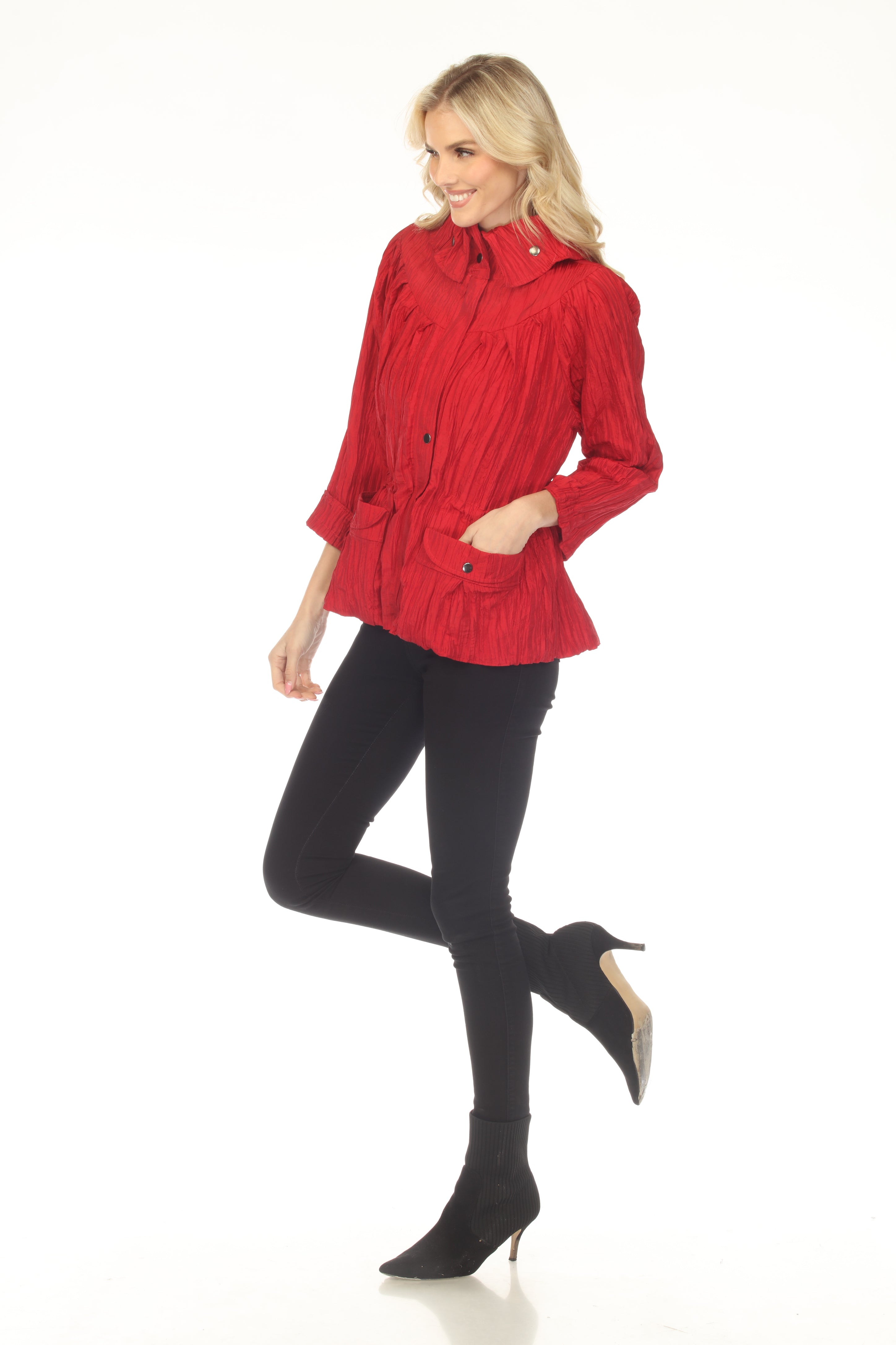 Oopera Snap Front Crinkle Fabric Raincoat - Scarlett Red - J2658W-2