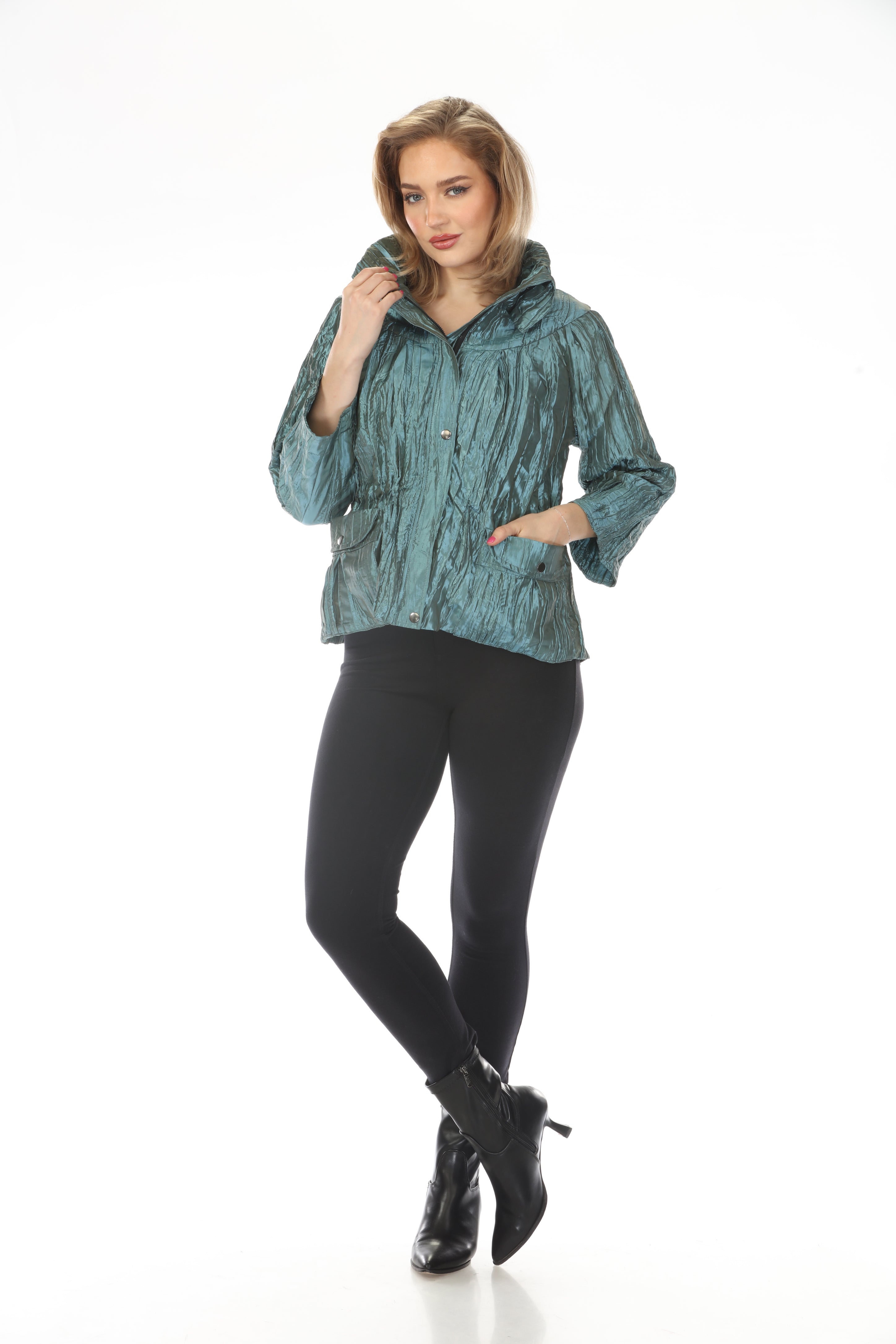 Oopera Snap Front Crinkle Fabric Raincoat - Egyptian Teal - J2658W-3