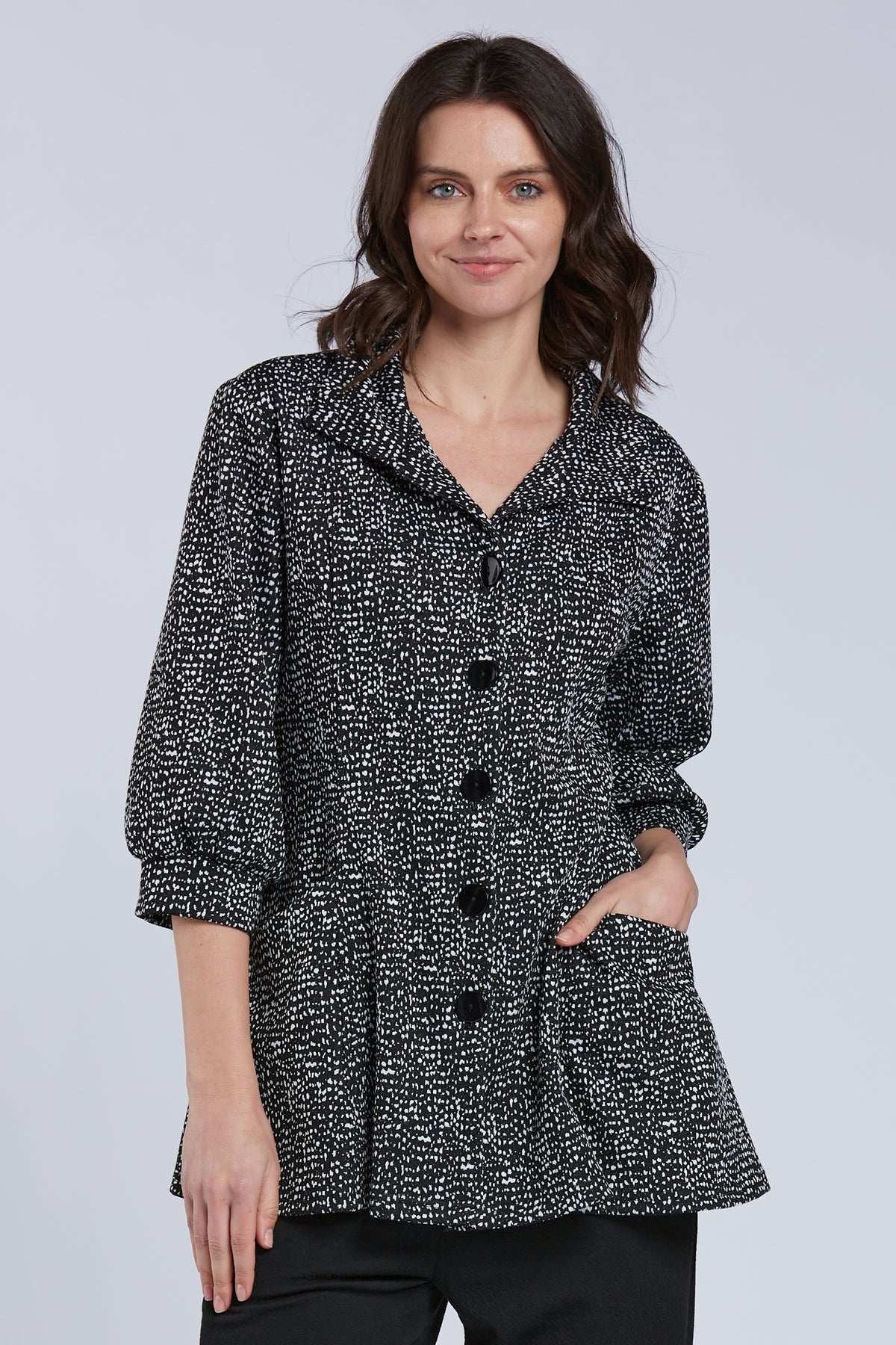 Sydney Project Brooke Long Button Down Collared Top w/ 3/4 Sleeves - KJJ1130 - DOTS