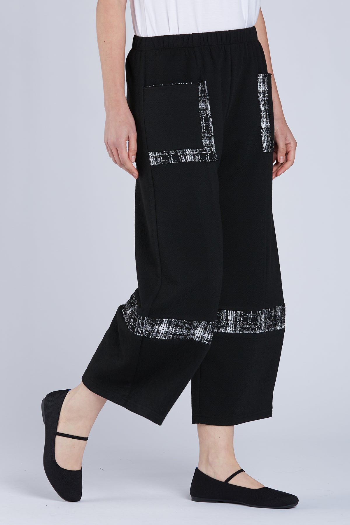 Sydney Project Clementine Black and Plaid Detail Wide Pant w/ Pockets - KJP119 - BLACK/PLAID