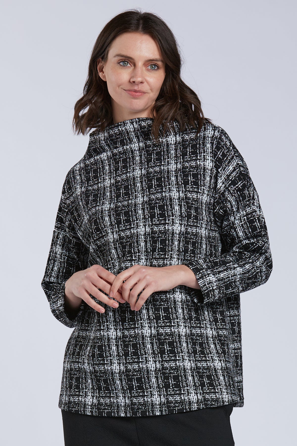 Sydney Project Felicity Black and White Mock Neck Top - KJT1109 - PLAID